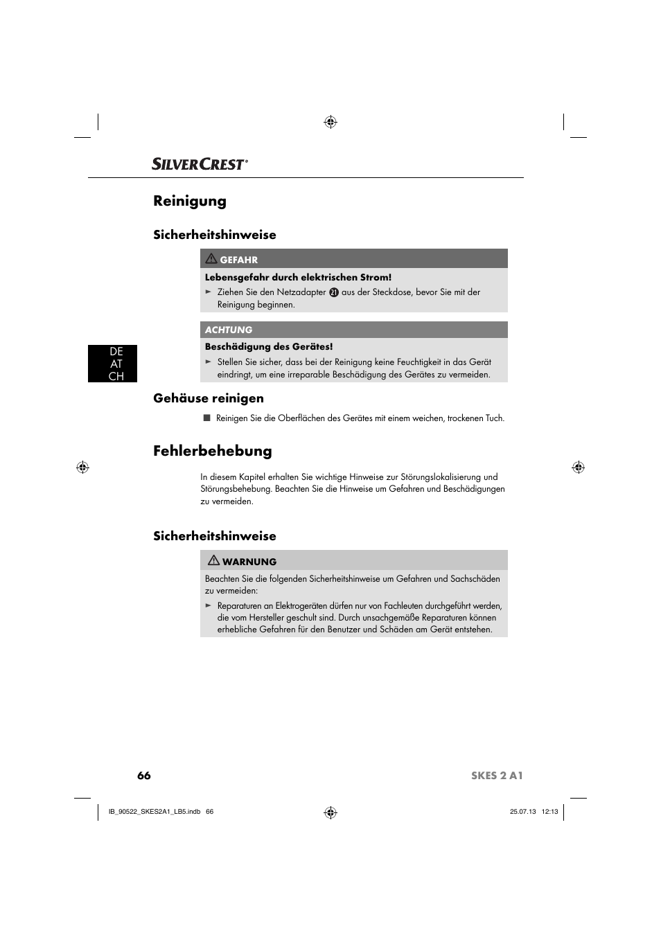 Reinigung, Fehlerbehebung, Sicherheitshinweise | Gehäuse reinigen, De at ch | Silvercrest SKES 2 A1 User Manual | Page 69 / 74