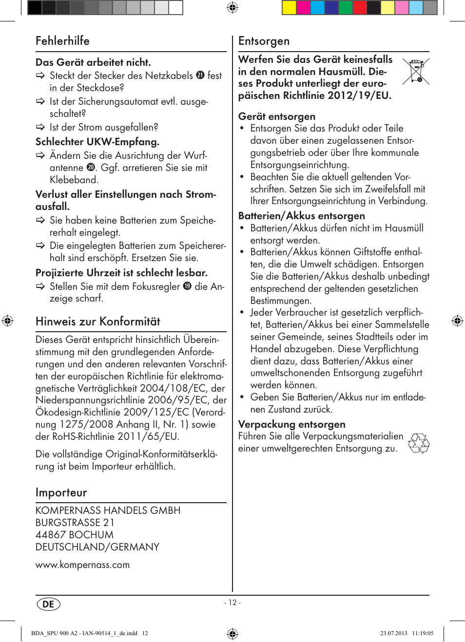 Fehlerhilfe, Hinweis zur konformität, Importeur | Entsorgen | Silvercrest SPU 900 A2 User Manual | Page 15 / 72