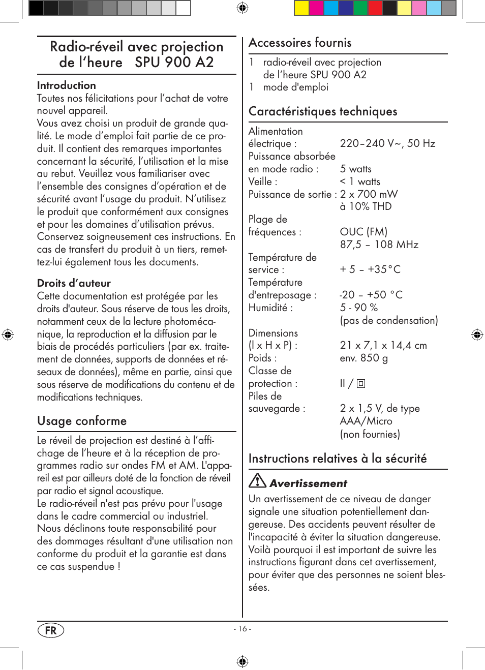 Radio-réveil avec projection de l‘heure spu 900 a2, Usage conforme, Accessoires fournis | Caractéristiques techniques, Instructions relatives à la sécurité | Silvercrest SPU 900 A2 User Manual | Page 19 / 72