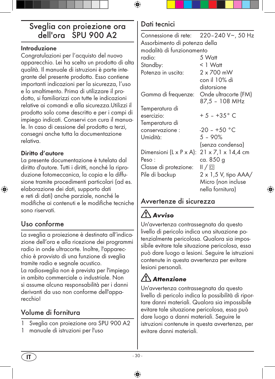 Sveglia con proiezione ora dell'ora spu 900 a2, Uso conforme, Volume di fornitura | Dati tecnici, Avvertenze di sicurezza | Silvercrest SPU 900 A2 User Manual | Page 33 / 72