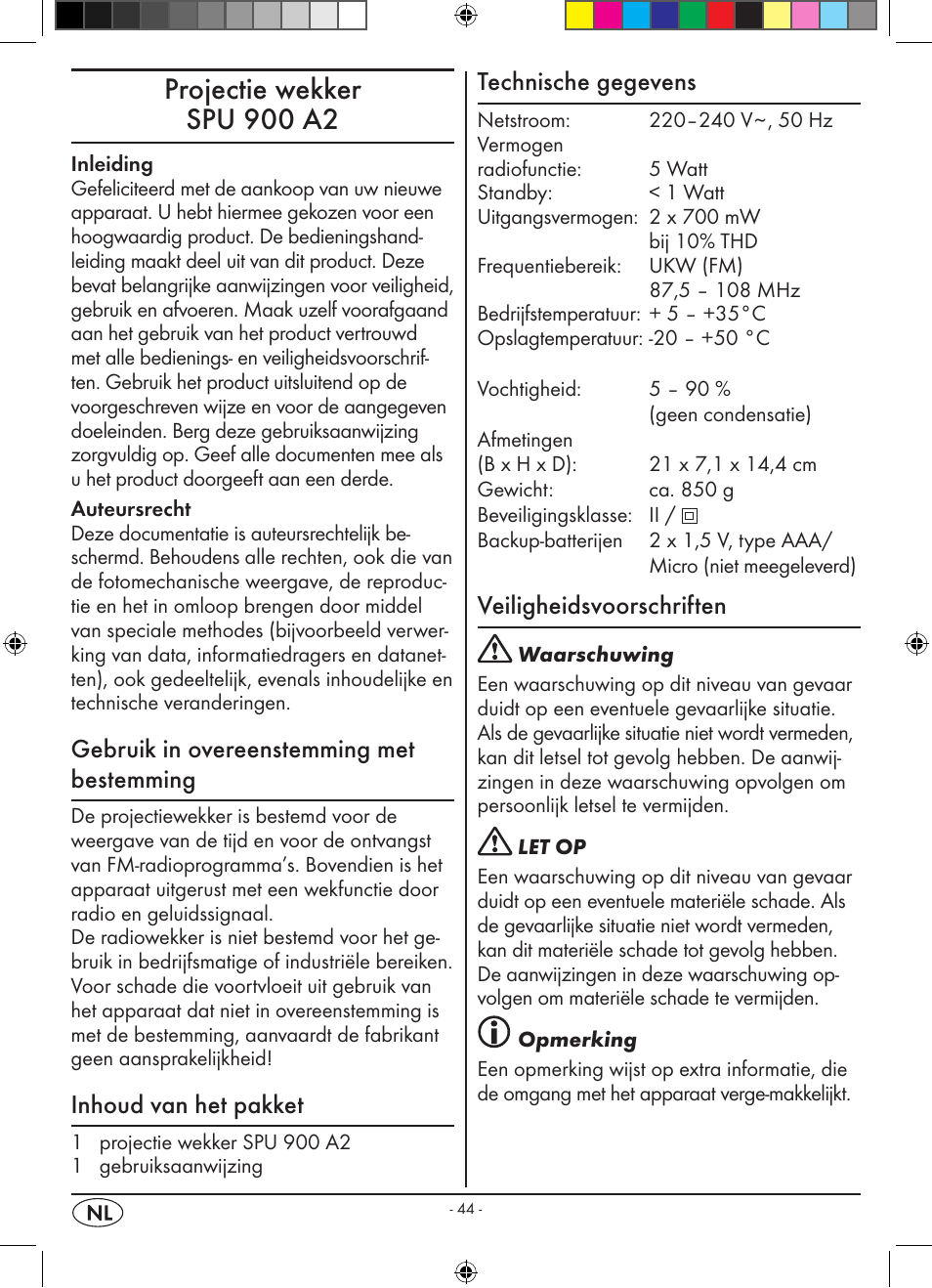 Projectie wekker spu 900 a2, Gebruik in overeenstemming met bestemming, Inhoud van het pakket | Technische gegevens, Veiligheidsvoorschriften | Silvercrest SPU 900 A2 User Manual | Page 47 / 72