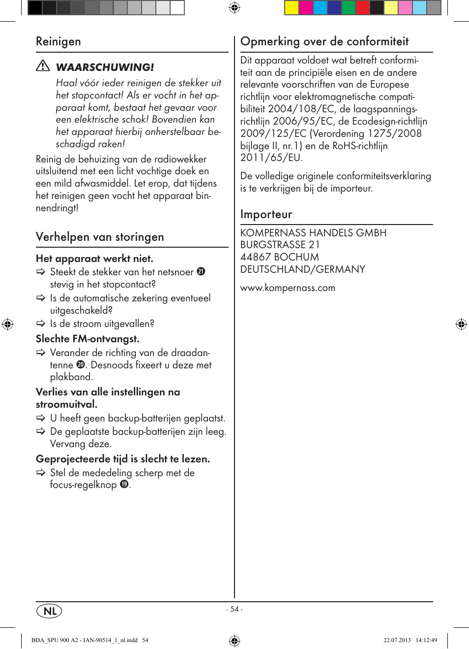 Reinigen, Verhelpen van storingen, Opmerking over de conformiteit | Importeur | Silvercrest SPU 900 A2 User Manual | Page 57 / 72