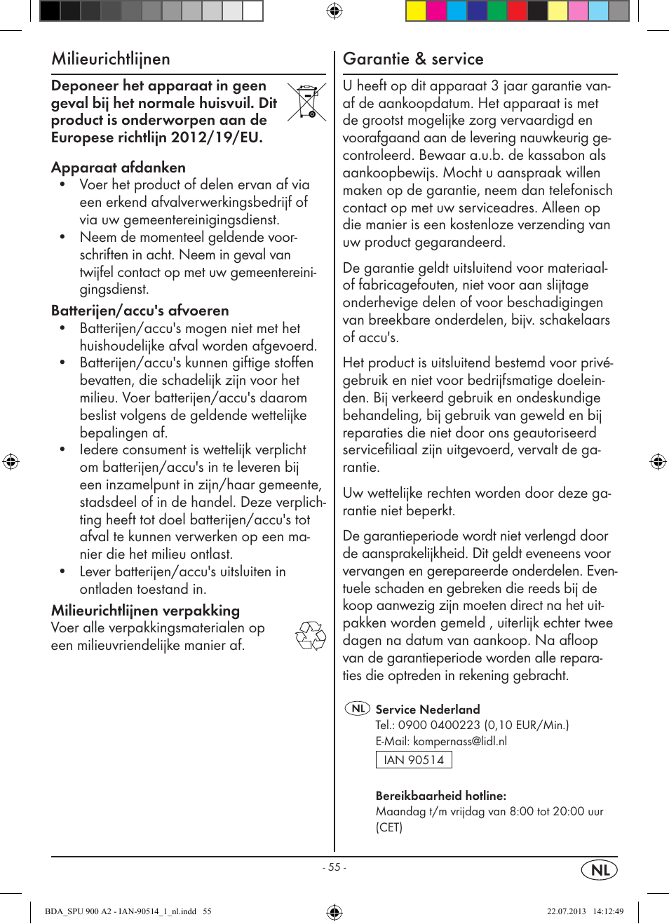 Milieurichtlijnen, Garantie & service | Silvercrest SPU 900 A2 User Manual | Page 58 / 72