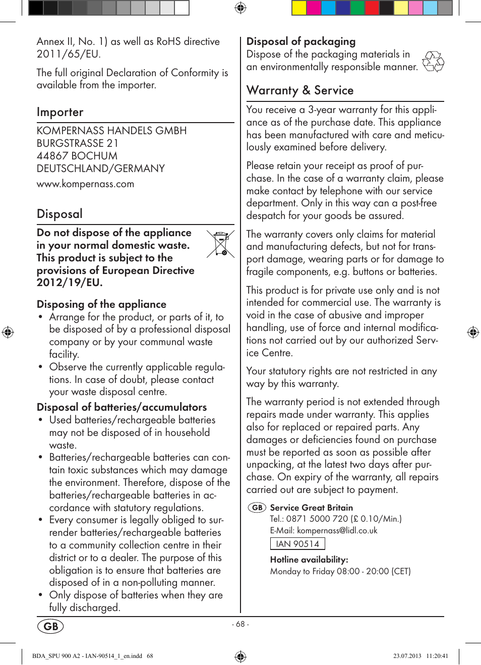 Importer, Disposal, Warranty & service | Silvercrest SPU 900 A2 User Manual | Page 71 / 72