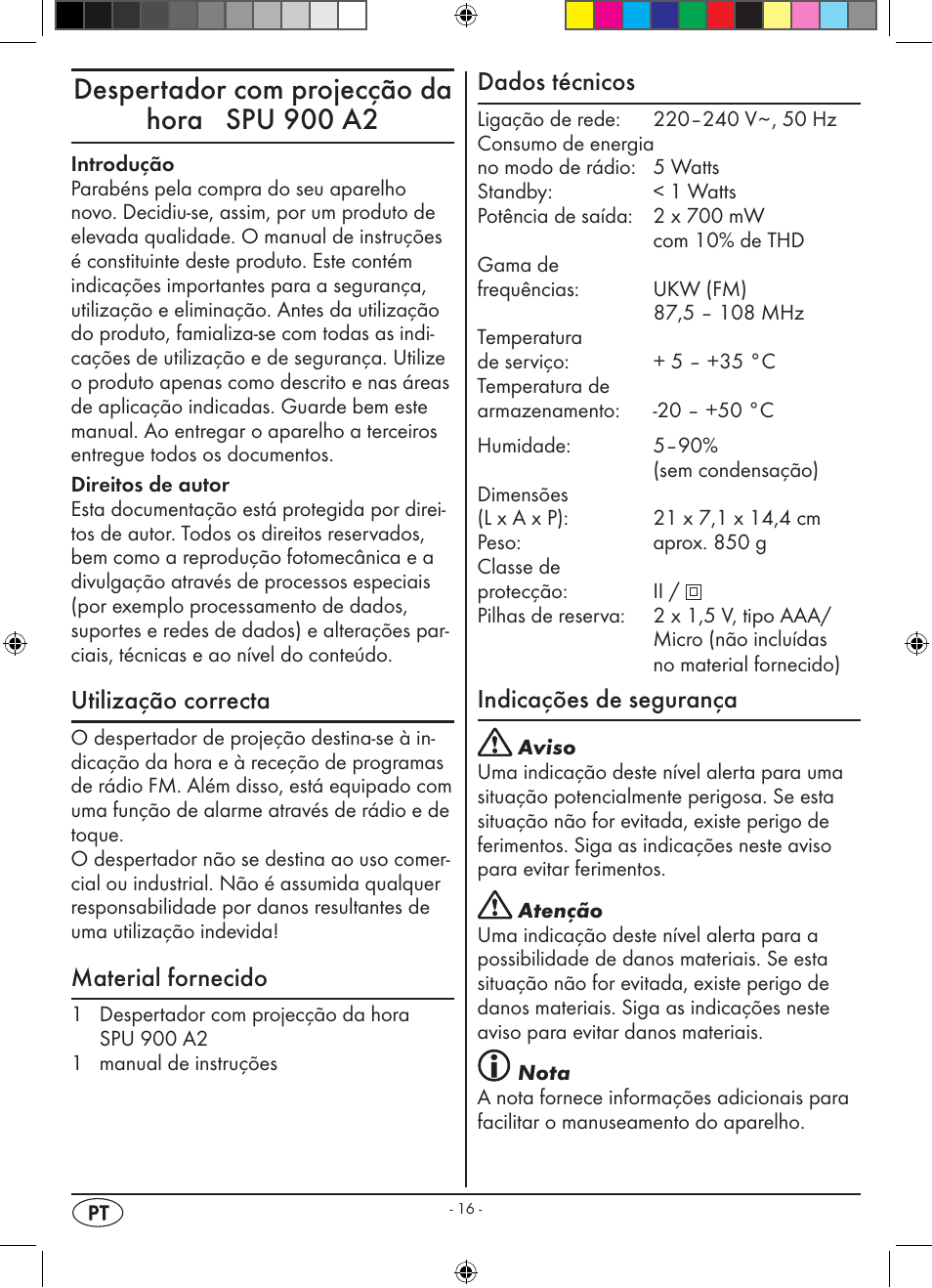 Despertador com projecção da hora spu 900 a2, Utilização correcta, Material fornecido | Dados técnicos, Indicações de segurança | Silvercrest SPU 900 A2 User Manual | Page 19 / 57