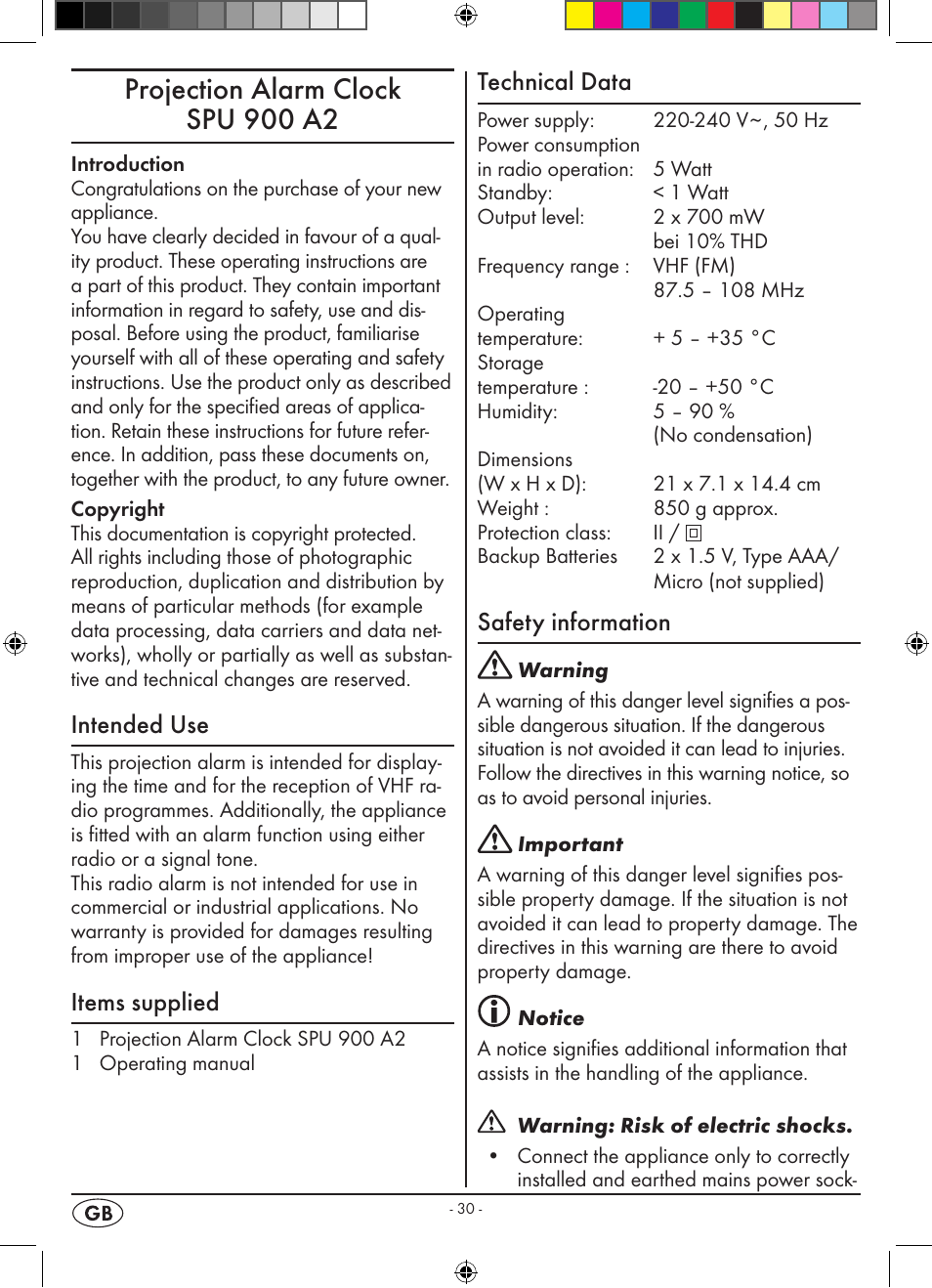 Projection alarm clock spu 900 a2, Intended use, Items supplied | Technical data, Safety information | Silvercrest SPU 900 A2 User Manual | Page 33 / 57