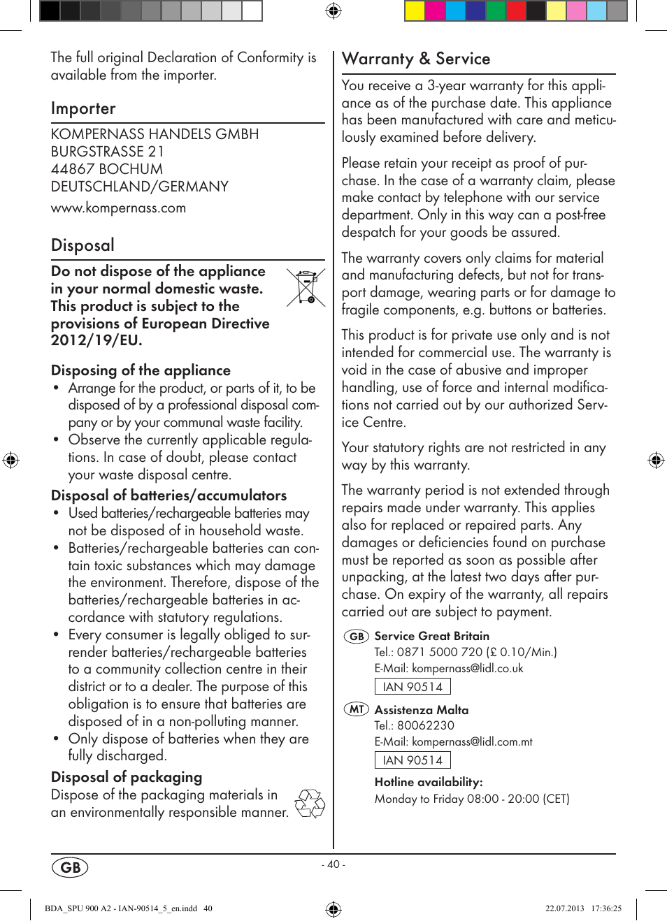 Importer, Disposal, Warranty & service | Silvercrest SPU 900 A2 User Manual | Page 43 / 57