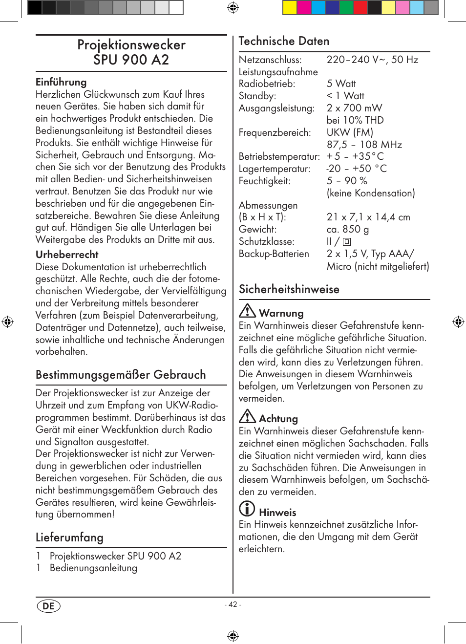 Projektionswecker spu 900 a2, Bestimmungsgemäßer gebrauch, Lieferumfang | Technische daten, Sicherheitshinweise | Silvercrest SPU 900 A2 User Manual | Page 45 / 57