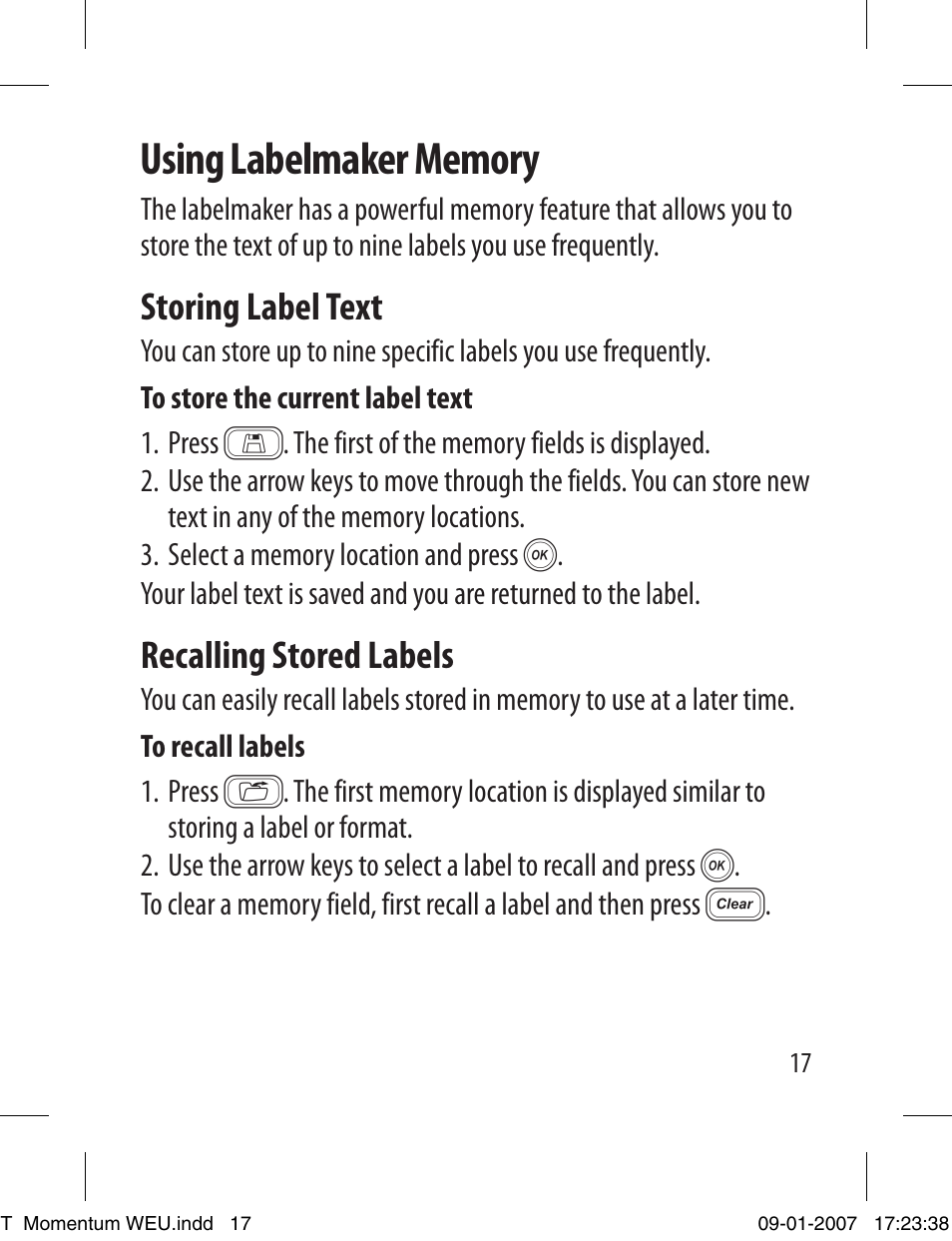 Storing label text, Recalling stored labels | Dymo LETRATAG 100T User Manual | Page 17 / 23