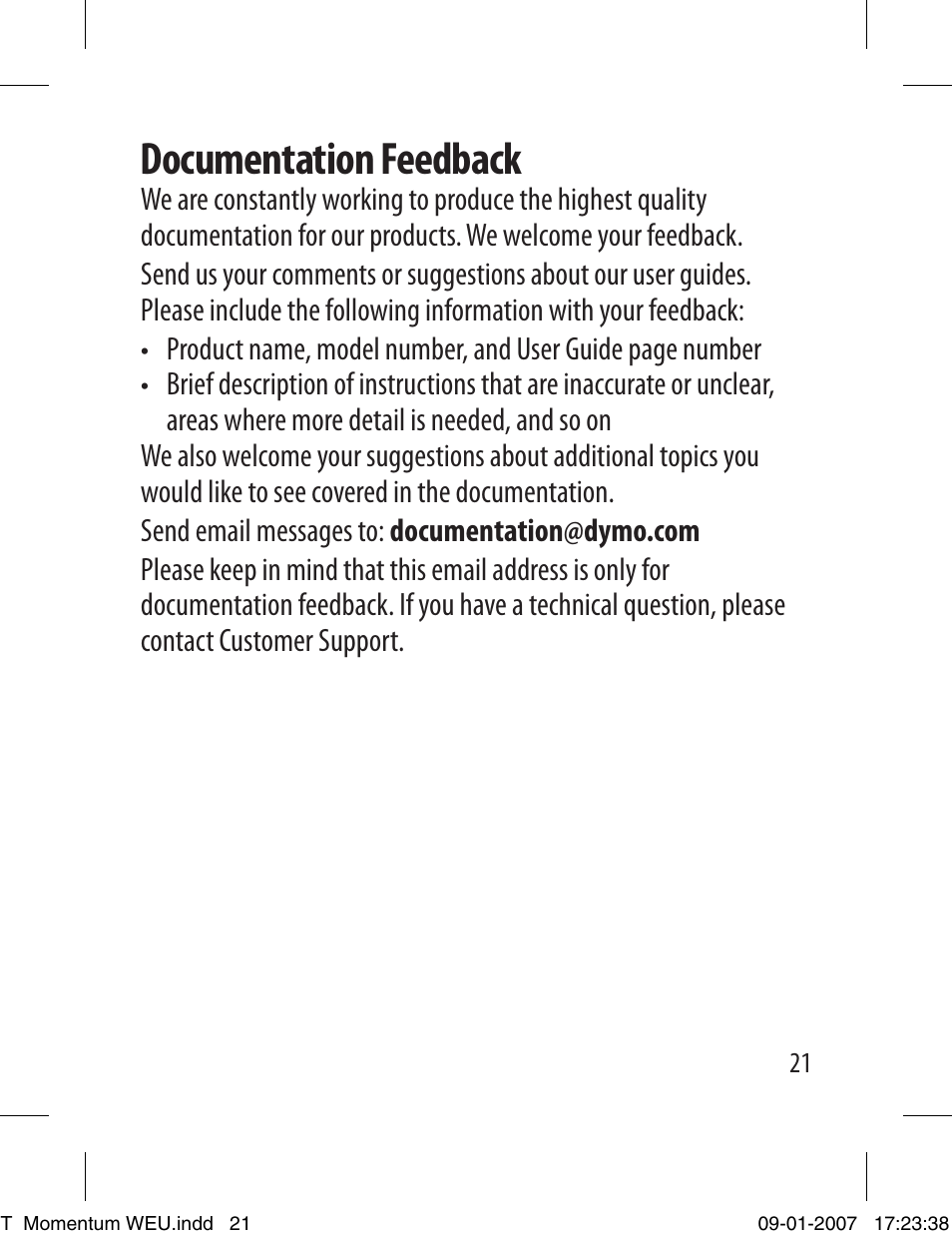 Documentation feedback | Dymo LETRATAG 100T User Manual | Page 21 / 23