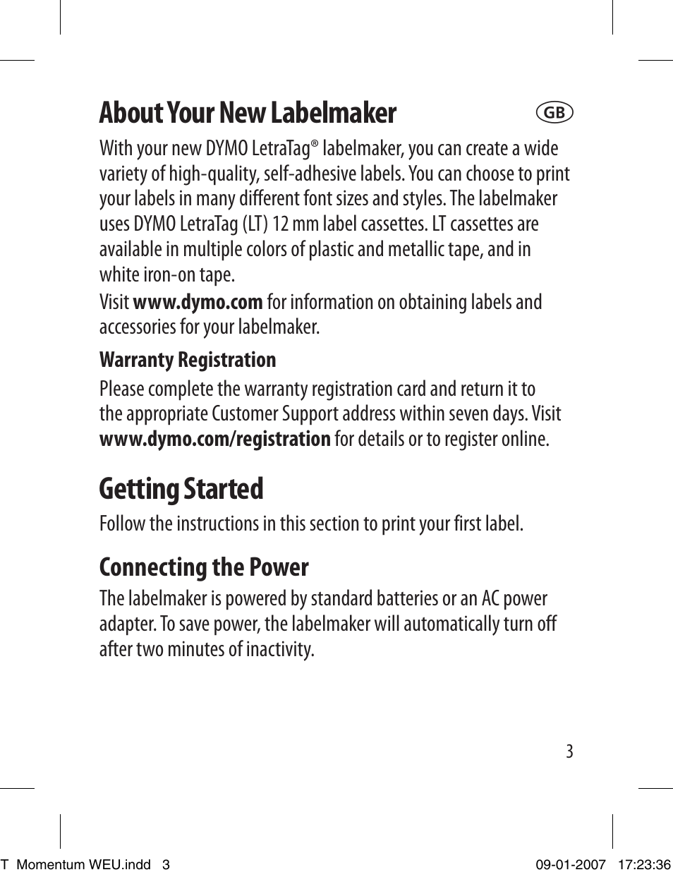 About your new labelmaker, Getting started, Connecting the power | Dymo LETRATAG 100T User Manual | Page 3 / 23