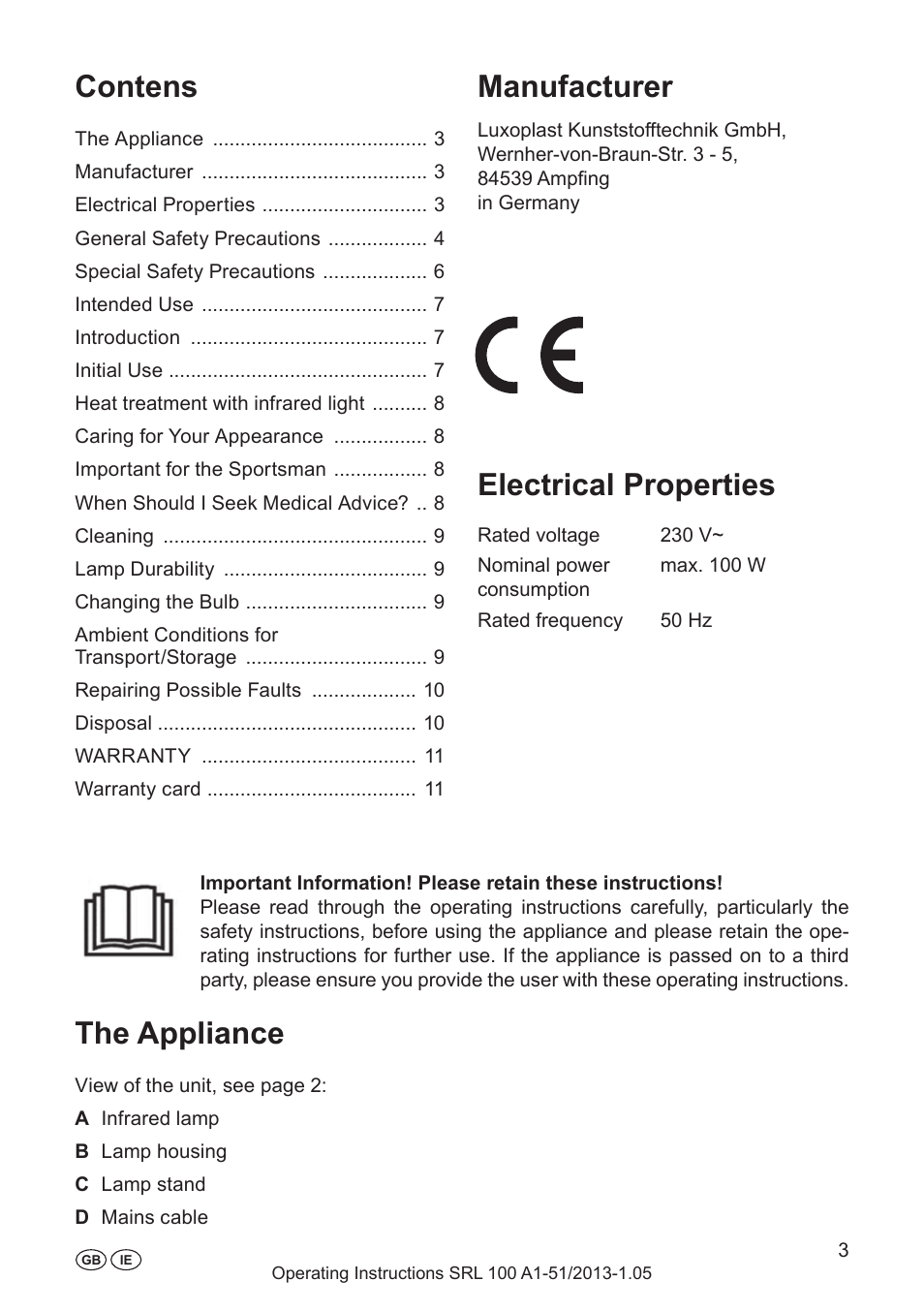 Manufacturer, Electrical properties, The appliance | Contens | Silvercrest SRL 100 A1 User Manual | Page 3 / 24