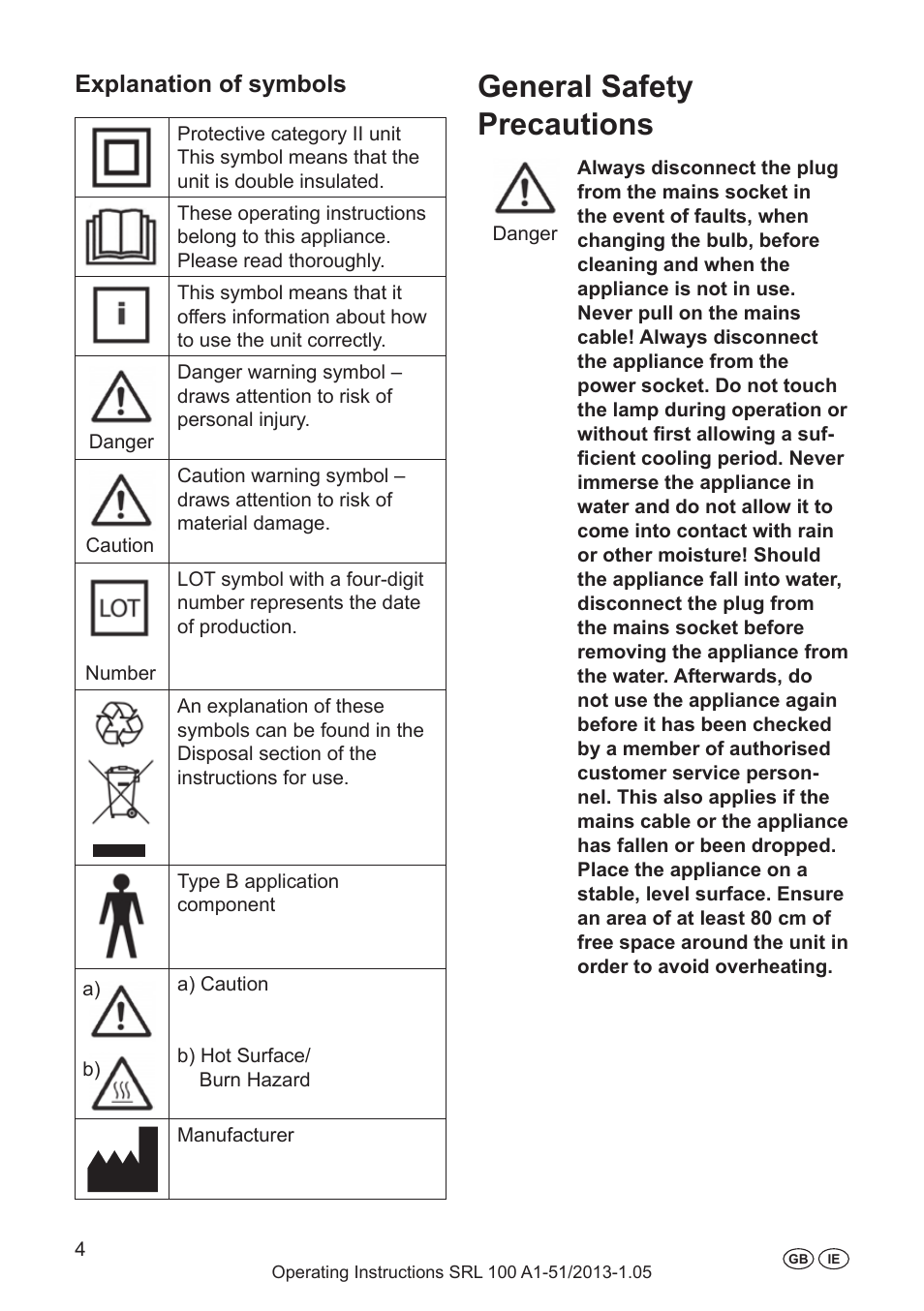 General safety precautions, Explanation of symbols | Silvercrest SRL 100 A1 User Manual | Page 4 / 24