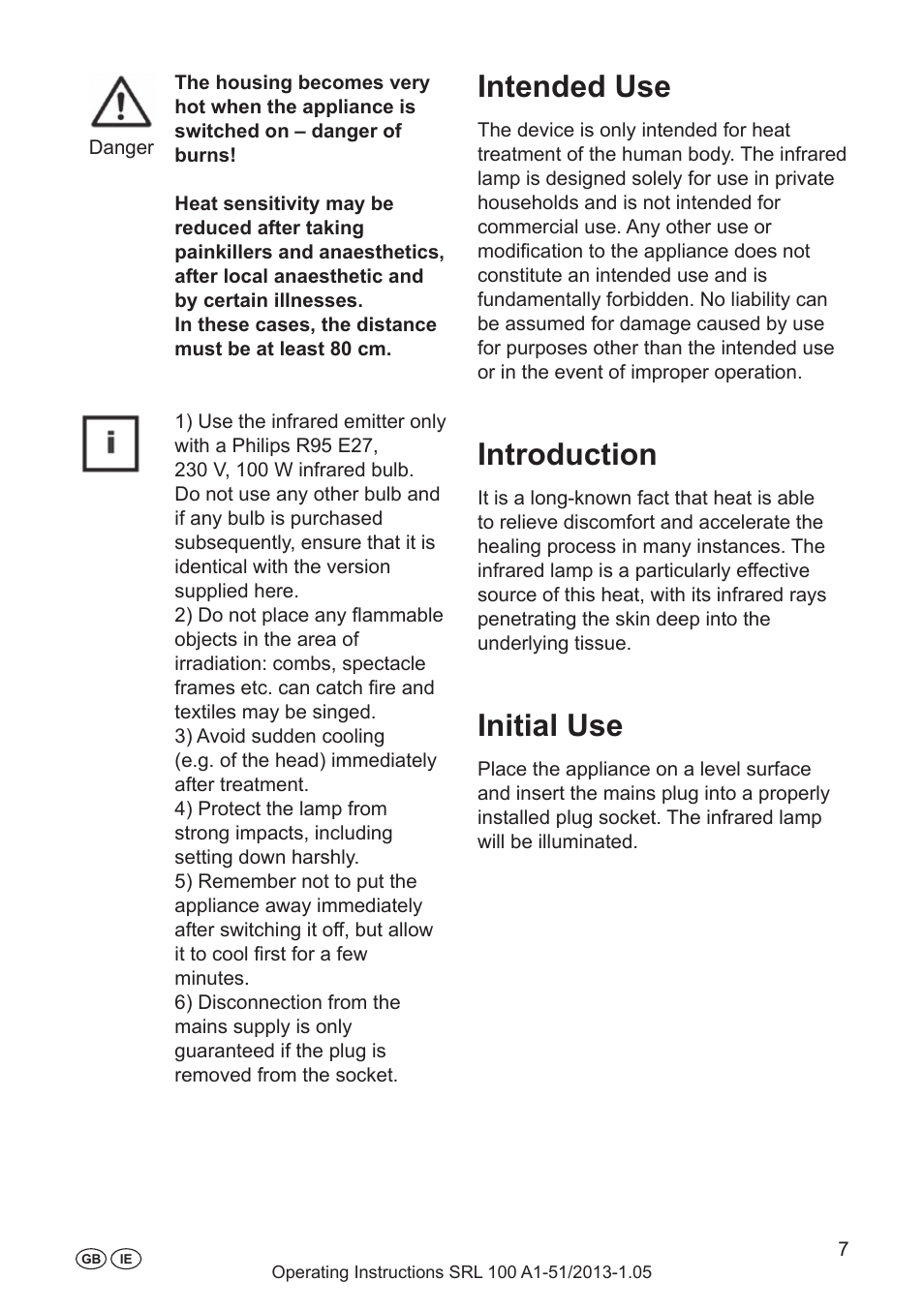 Intended use, Introduction, Initial use | Special safety precautions, When using infrared emitters | Silvercrest SRL 100 A1 User Manual | Page 7 / 24