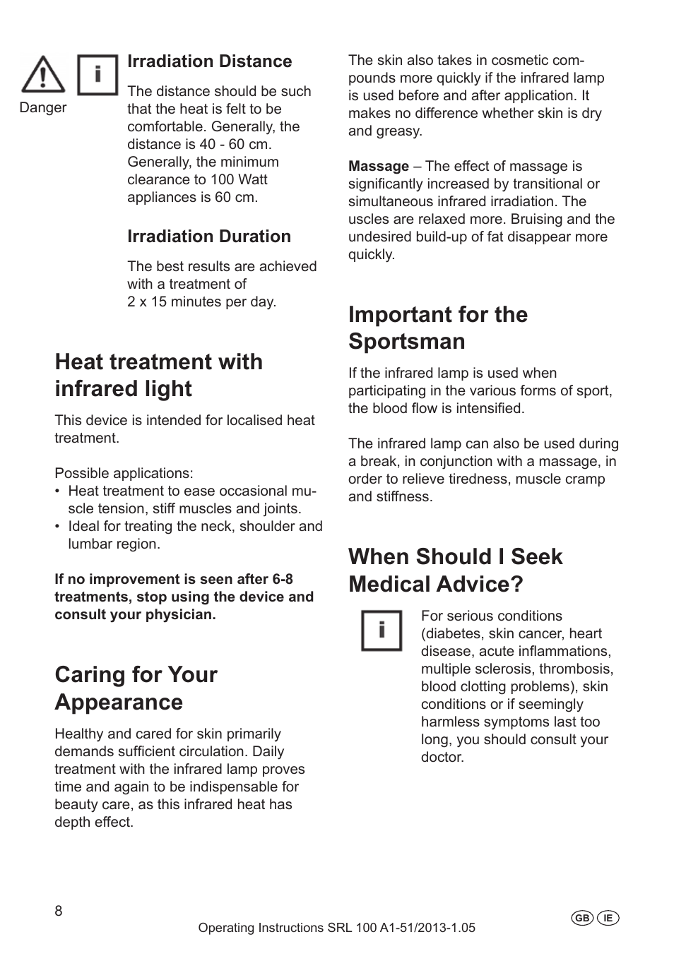 Cleaning, Lamp durability, Changing the bulb | Ambient conditions for transport/storage, Heat treatment with infrared light, Caring for your appearance, Important for the sportsman, When should i seek medical advice, Irradiation distance, Irradiation duration | Silvercrest SRL 100 A1 User Manual | Page 8 / 24