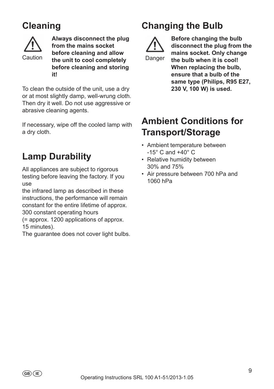 Cleaning, Lamp durability, Changing the bulb | Ambient conditions for transport/storage, Heat treatment with infrared light, Caring for your appearance, Important for the sportsman, When should i seek medical advice, Irradiation distance, Irradiation duration | Silvercrest SRL 100 A1 User Manual | Page 9 / 24