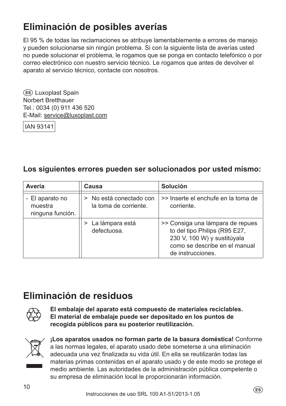 Eliminación de posibles averías, Eliminación de residuos | Silvercrest SRL 100 A1 User Manual | Page 10 / 48