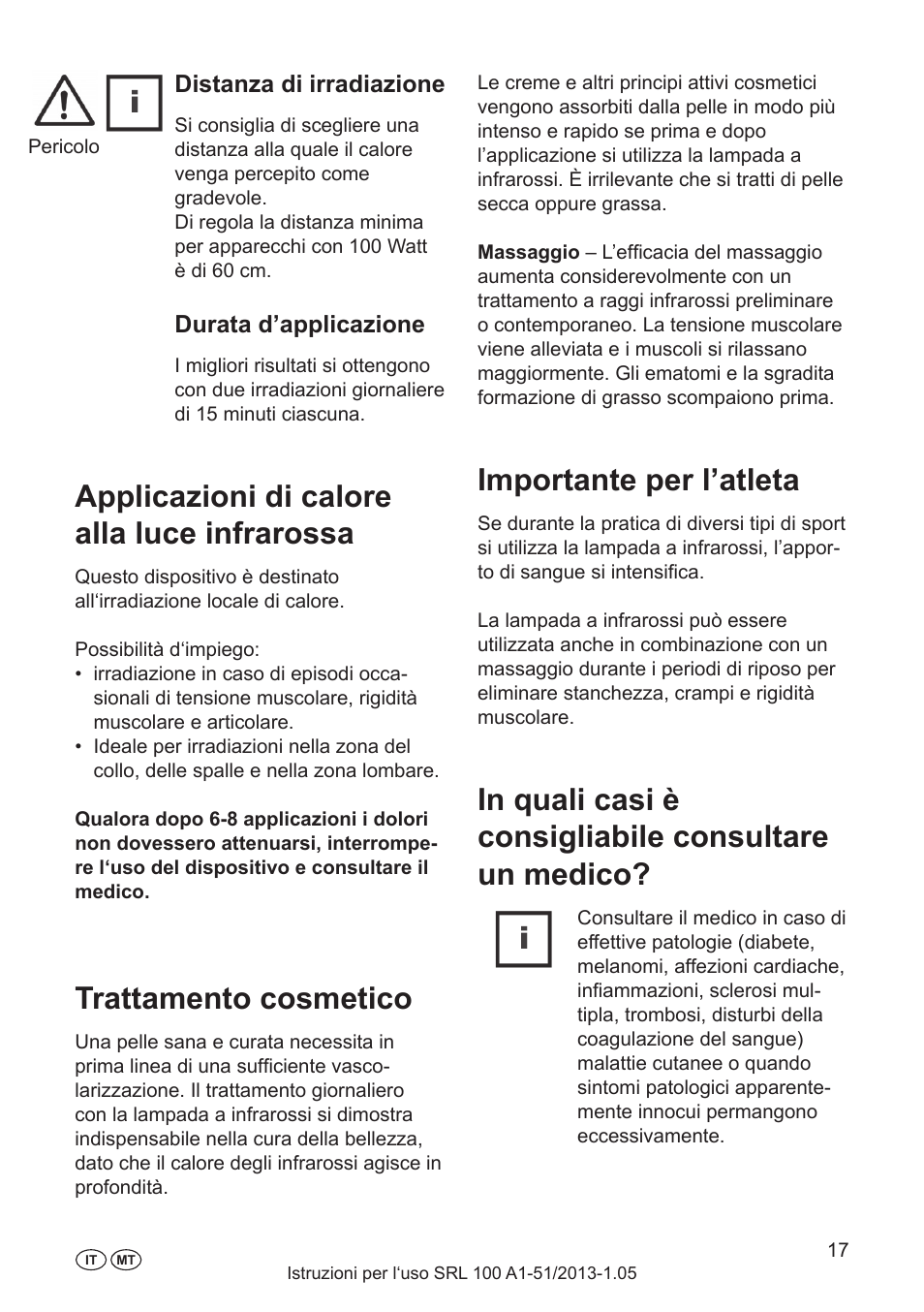 Applicazioni di calore alla luce infrarossa, Trattamento cosmetico, Importante per l’atleta | Utilizzo conforme, Introduzione, Messa in funzione, Distanza di irradiazione, Durata d’applicazione | Silvercrest SRL 100 A1 User Manual | Page 17 / 48