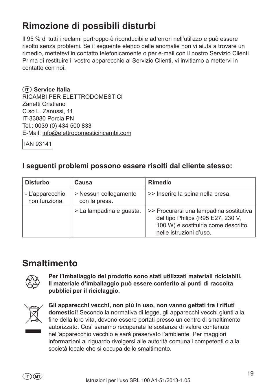 Rimozione di possibili disturbi, Smaltimento, Pulizia | Durata della lampadina, Sostituzione della lampadina | Silvercrest SRL 100 A1 User Manual | Page 19 / 48