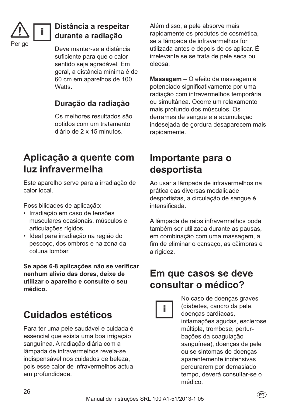 Limpeza, Vida útil da lâmpada, Substituição da lâmpada | Aplicação a quente com luz infravermelha, Cuidados estéticos, Importante para o desportista, Em que casos se deve consultar o médico, Distância a respeitar durante a radiação, Duração da radiação | Silvercrest SRL 100 A1 User Manual | Page 26 / 48