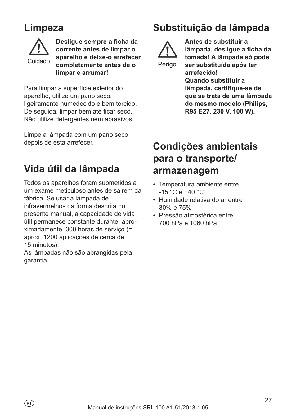 Limpeza, Vida útil da lâmpada, Substituição da lâmpada | Silvercrest SRL 100 A1 User Manual | Page 27 / 48
