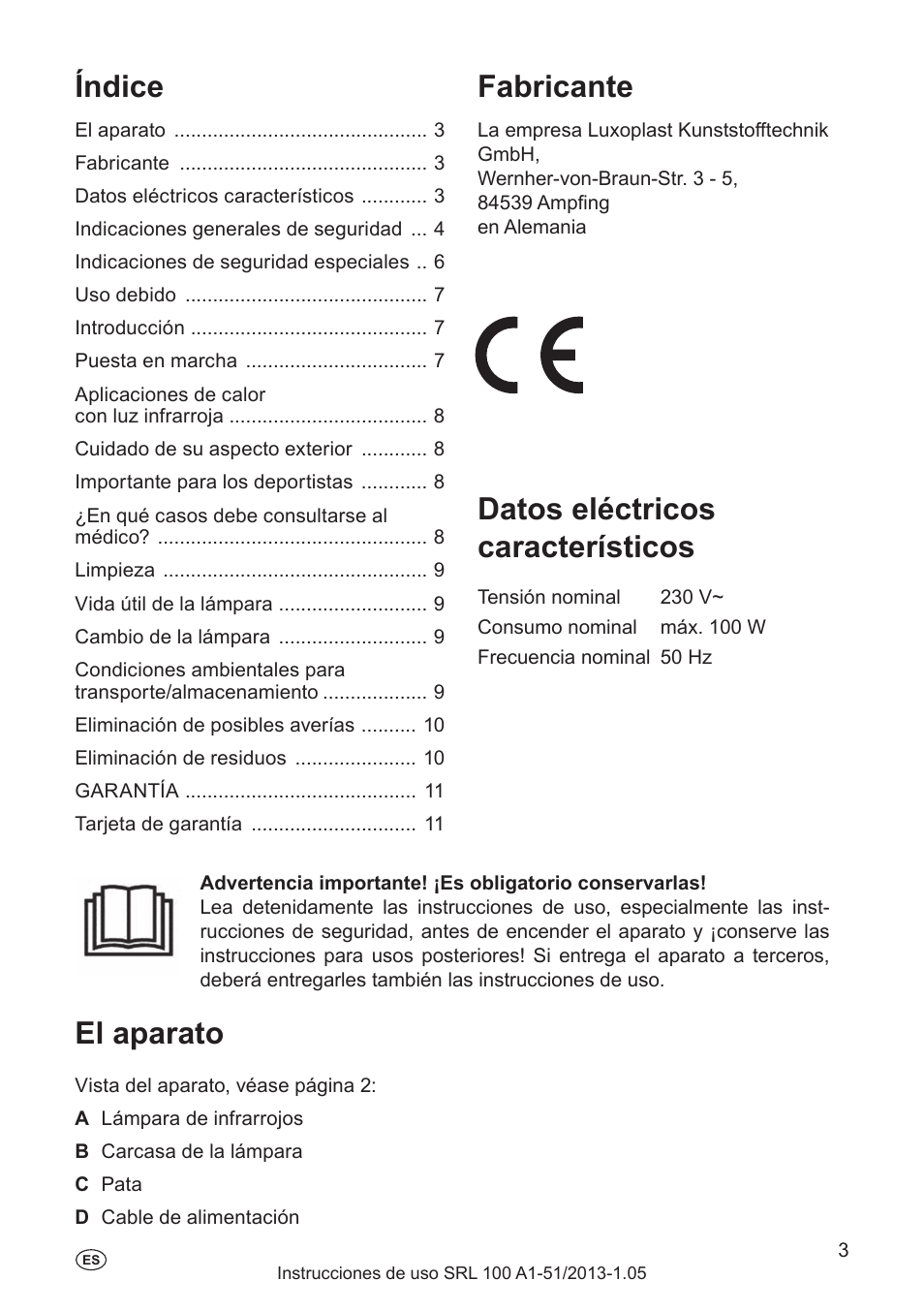 Fabricante, Datos eléctricos característicos, El aparato | Índice | Silvercrest SRL 100 A1 User Manual | Page 3 / 48