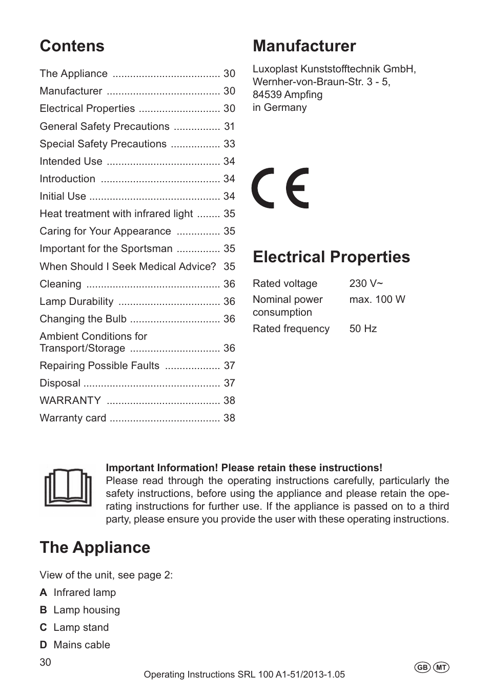 Manufacturer, Electrical properties, The appliance | Contens, General safety precautions, Explanation of symbols | Silvercrest SRL 100 A1 User Manual | Page 30 / 48