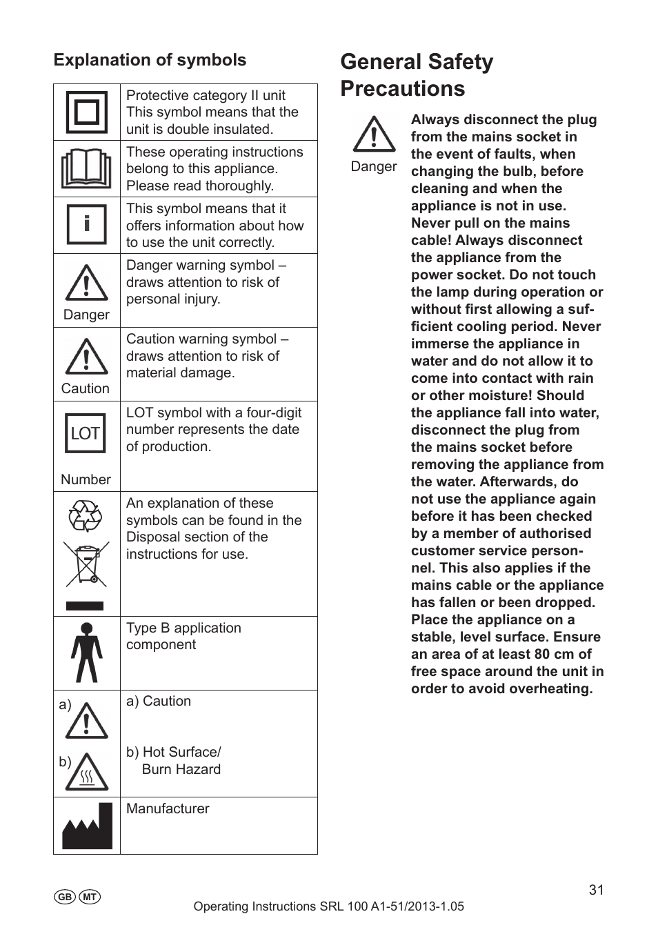 Manufacturer, Electrical properties, The appliance | General safety precautions, Explanation of symbols | Silvercrest SRL 100 A1 User Manual | Page 31 / 48