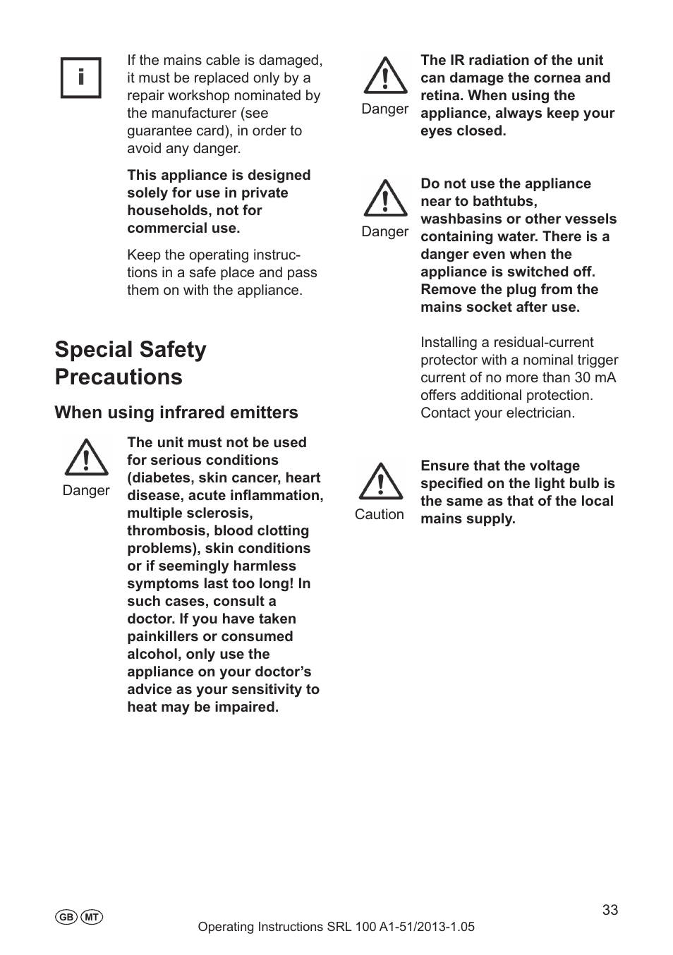 Special safety precautions, When using infrared emitters | Silvercrest SRL 100 A1 User Manual | Page 33 / 48