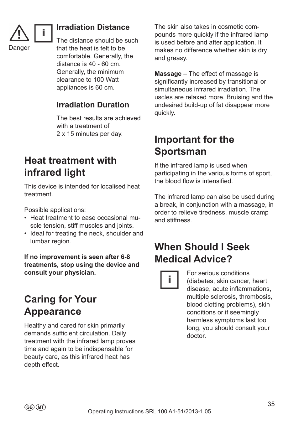 Heat treatment with infrared light, Caring for your appearance, Important for the sportsman | When should i seek medical advice, Irradiation distance, Irradiation duration | Silvercrest SRL 100 A1 User Manual | Page 35 / 48