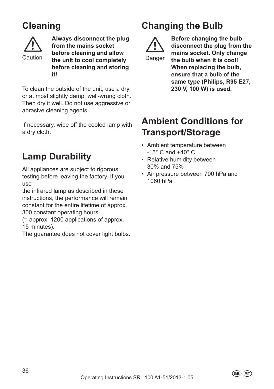 Cleaning, Lamp durability, Changing the bulb | Ambient conditions for transport/storage, Repairing possible faults, Disposal, You can remedy the following faults yourself | Silvercrest SRL 100 A1 User Manual | Page 36 / 48