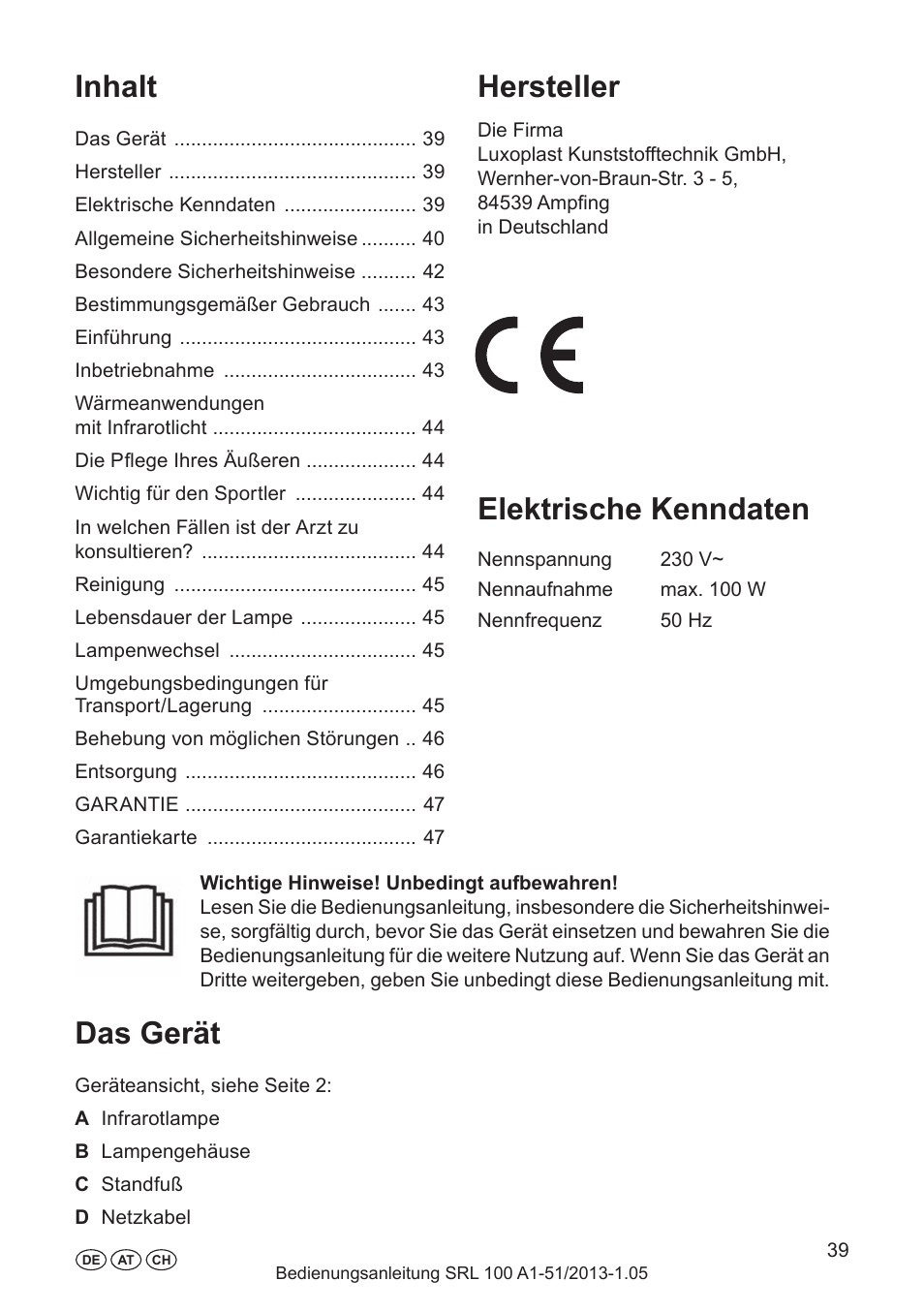 Warranty, Laite, Valmistaja | Sähkötiedot, Hersteller, Elektrische kenndaten, Das gerät, Inhalt, Sisältö | Silvercrest SRL 100 A1 User Manual | Page 39 / 48