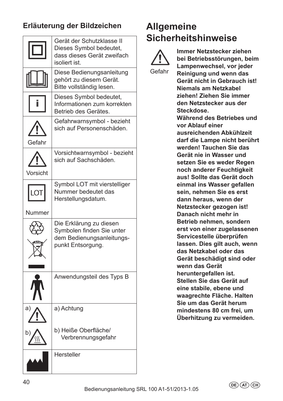 Allgemeine sicherheitshinweise, Erläuterung der bildzeichen | Silvercrest SRL 100 A1 User Manual | Page 40 / 48