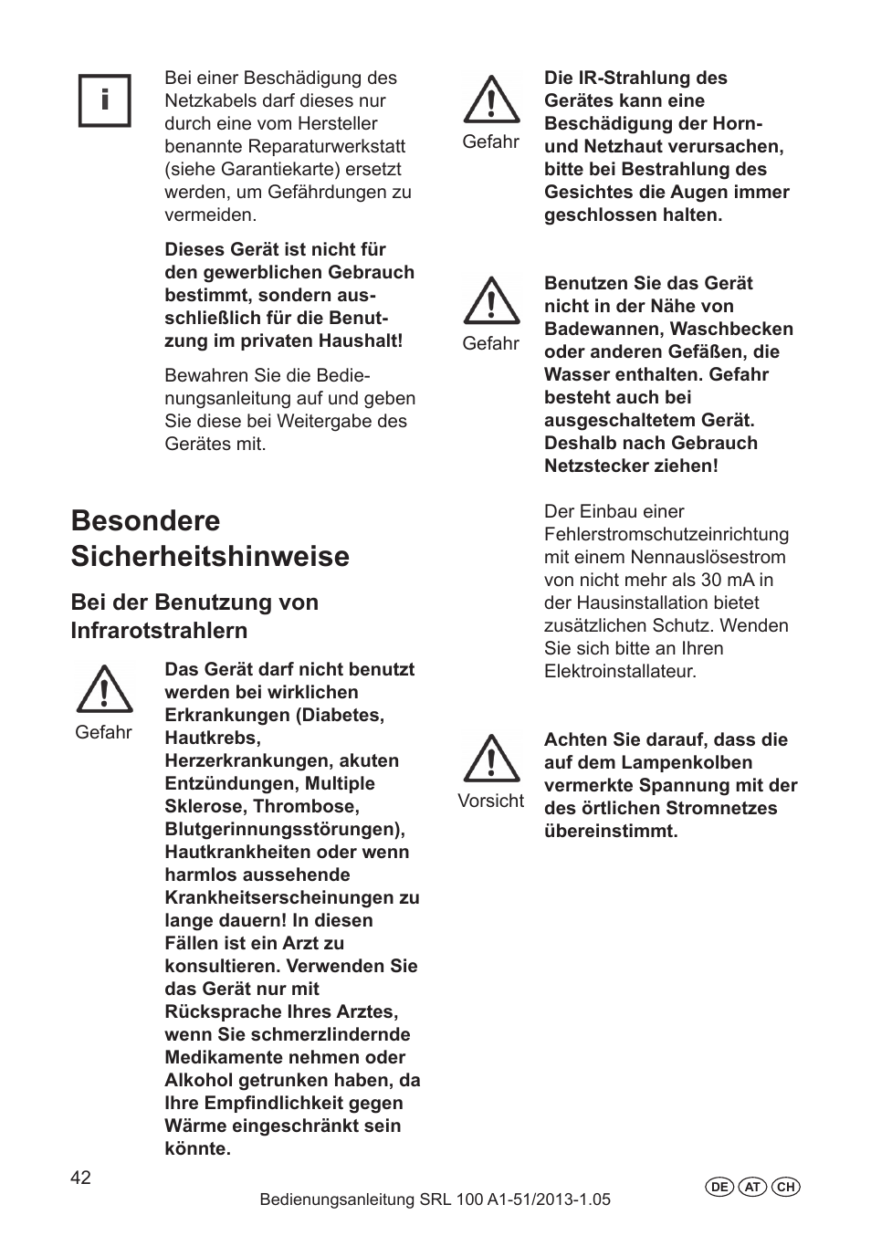 Bestimmungsgemäßer gebrauch, Einführung, Inbetriebnahme | Besondere sicherheitshinweise, Bei der benutzung von infrarotstrahlern | Silvercrest SRL 100 A1 User Manual | Page 42 / 48