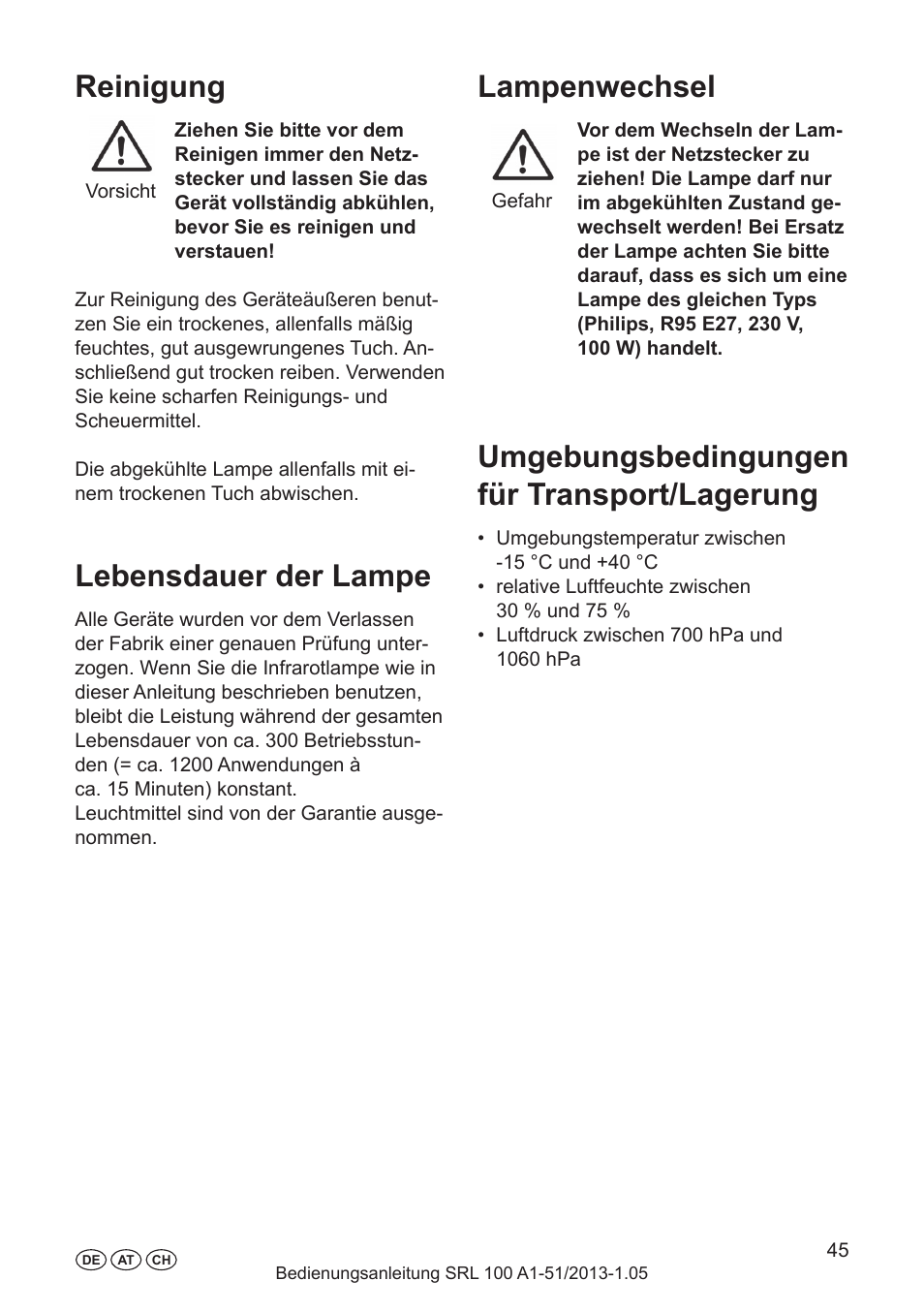 Reinigung, Lebensdauer der lampe, Lampenwechsel | Umgebungsbedingungen für transport/lagerung, Wärmeanwendungen mit infrarotlicht, Die pflege ihres äußeren, Wichtig für den sportler, Bestrahlungsabstand, Bestrahlungsdauer | Silvercrest SRL 100 A1 User Manual | Page 45 / 48