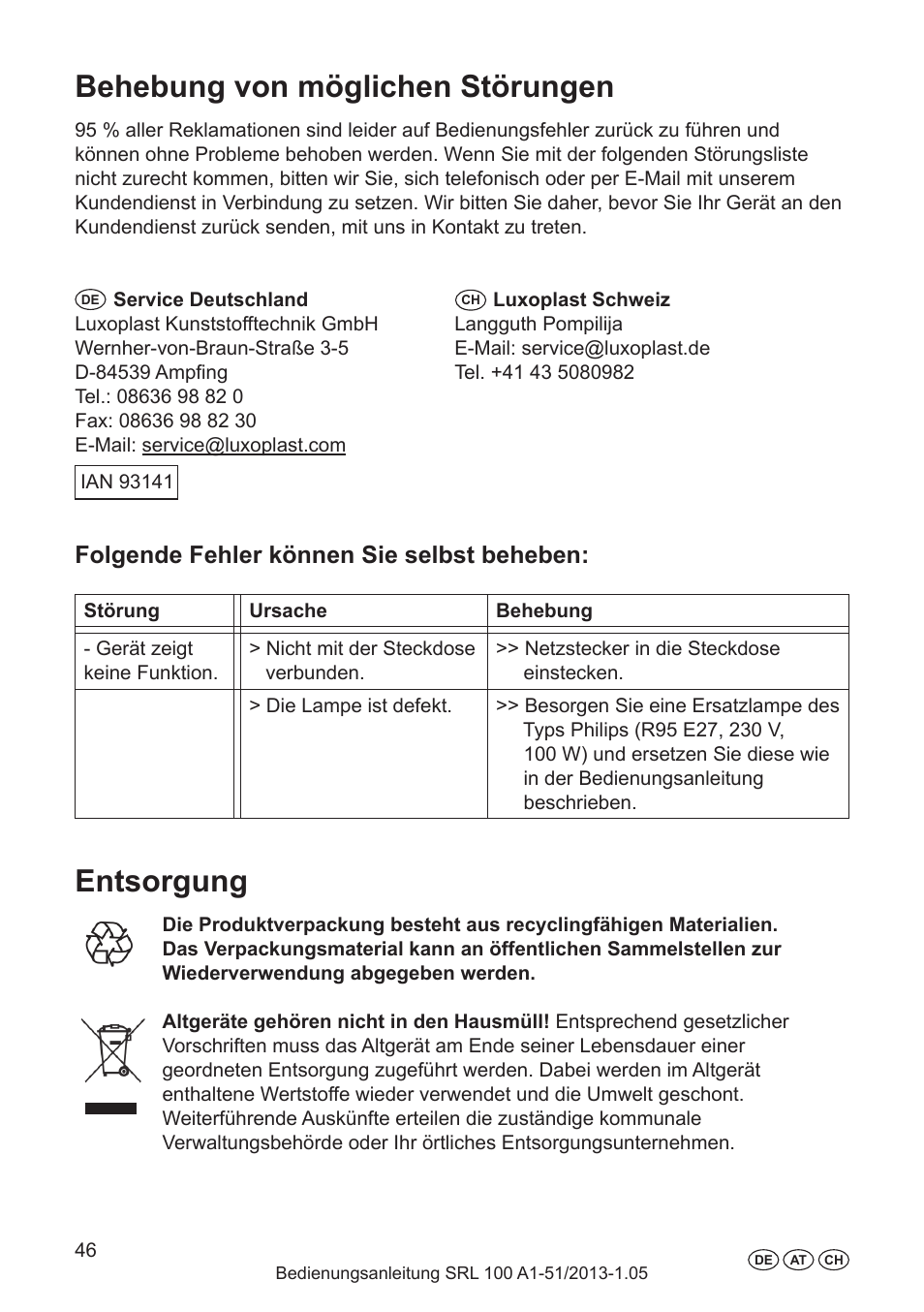 Garantie, Behebung von möglichen störungen, Entsorgung | Folgende fehler können sie selbst beheben | Silvercrest SRL 100 A1 User Manual | Page 46 / 48