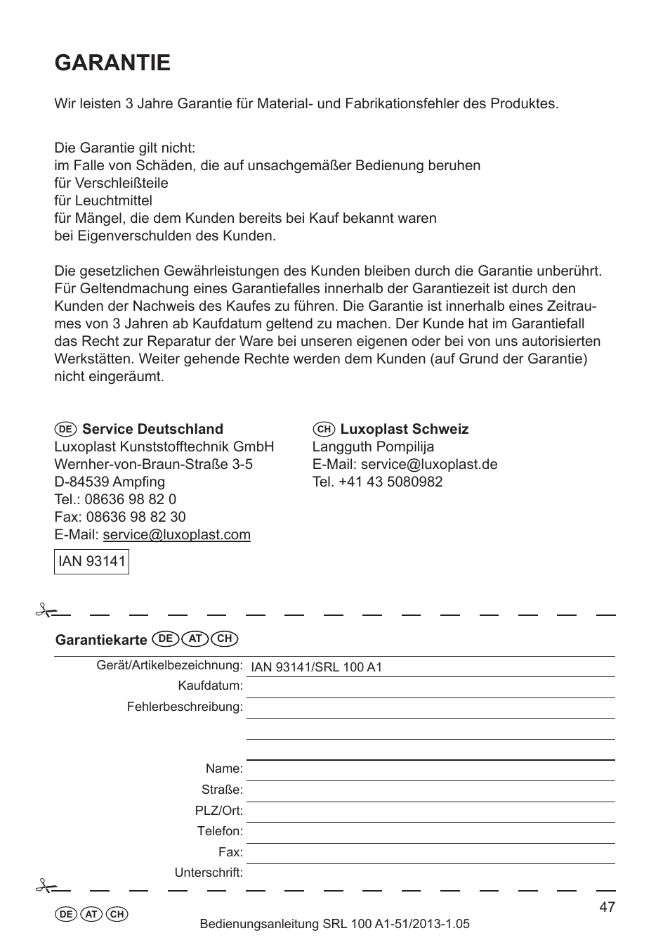 Garantie, Behebung von möglichen störungen, Entsorgung | Folgende fehler können sie selbst beheben | Silvercrest SRL 100 A1 User Manual | Page 47 / 48