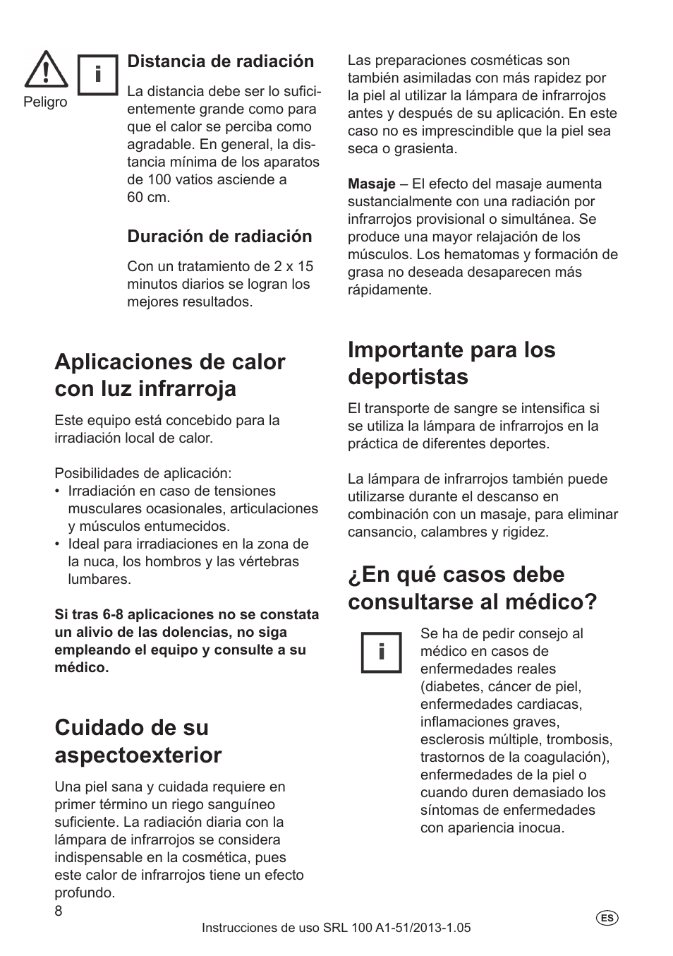 Aplicaciones de calor con luz infrarroja, Cuidado de su aspectoexterior, Importante para los deportistas | En qué casos debe consultarse al médico, Distancia de radiación, Duración de radiación | Silvercrest SRL 100 A1 User Manual | Page 8 / 48