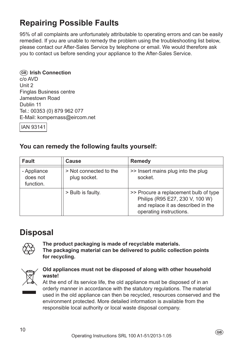 Warranty, Laite, Valmistaja | Sähkötiedot, Repairing possible faults, Disposal, Sisältö, You can remedy the following faults yourself | Silvercrest SRL 100 A1 User Manual | Page 10 / 72