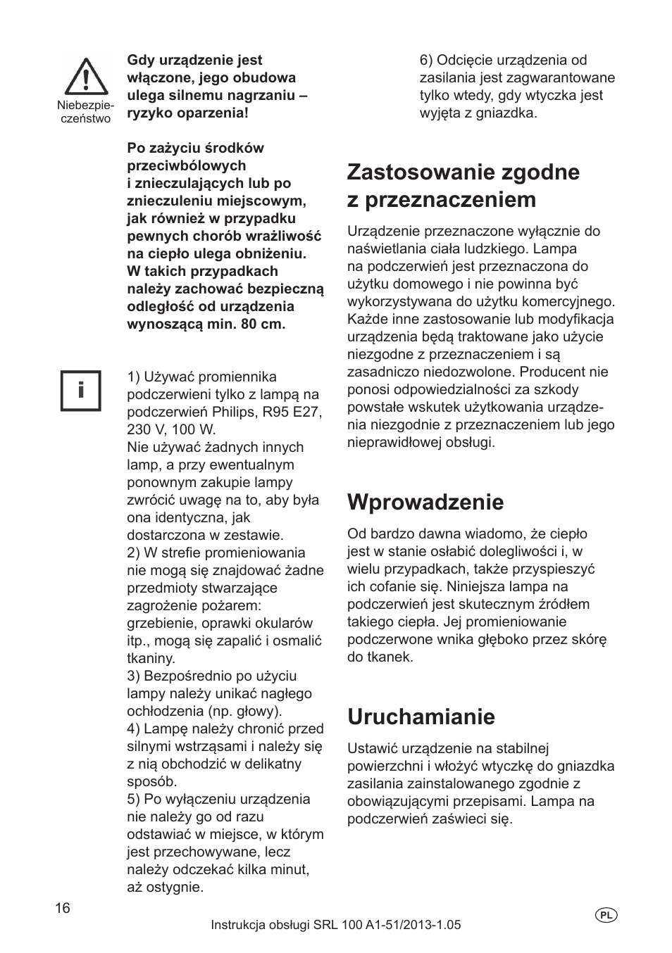 Zastosowanie zgodne z przeznaczeniem, Wprowadzenie, Uruchamianie | Zastosowanie ciepła promieniowania podczerwonego, Pielęgnacja urody, Ważne informacje dla sportowców, Odległość promieniowania, Czas naświetlania | Silvercrest SRL 100 A1 User Manual | Page 16 / 72