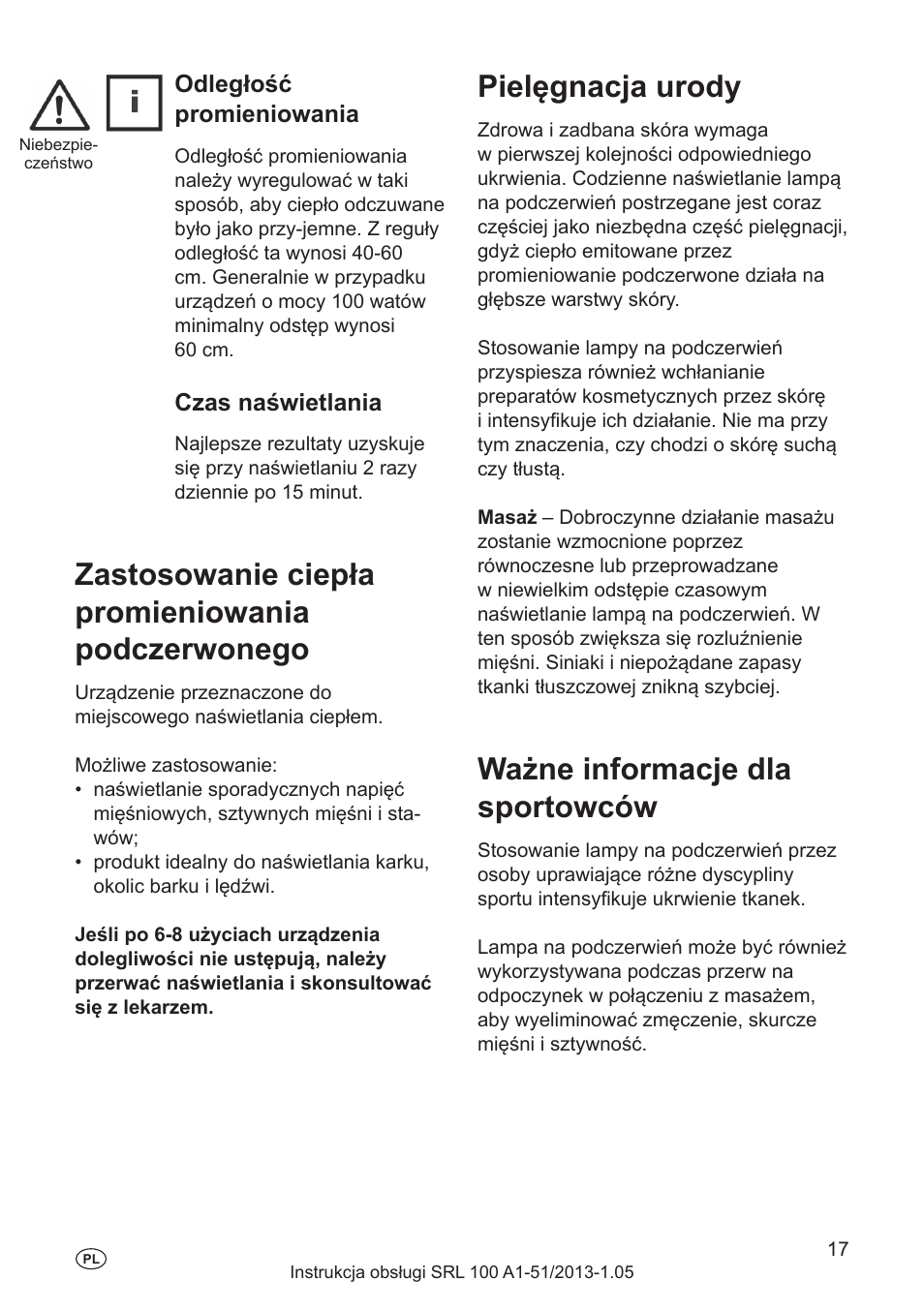 Zastosowanie zgodne z przeznaczeniem, Wprowadzenie, Uruchamianie | Zastosowanie ciepła promieniowania podczerwonego, Pielęgnacja urody, Ważne informacje dla sportowców, Odległość promieniowania, Czas naświetlania | Silvercrest SRL 100 A1 User Manual | Page 17 / 72