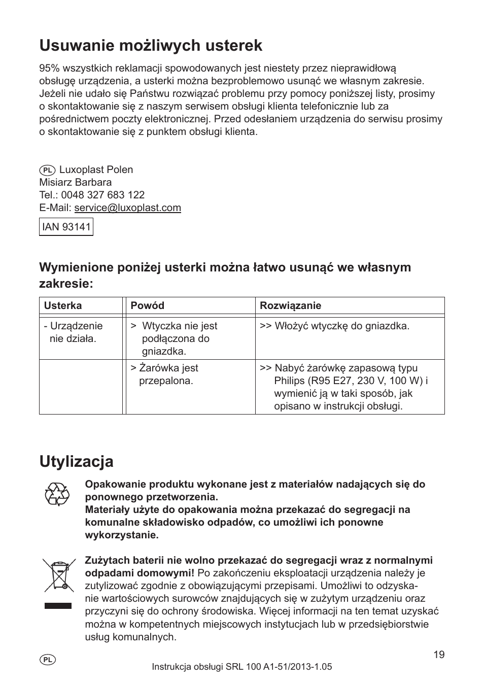 Czyszczenie, Żywotność lampy, Wymiana żarówki | Usuwanie możliwych usterek, Utylizacja | Silvercrest SRL 100 A1 User Manual | Page 19 / 72