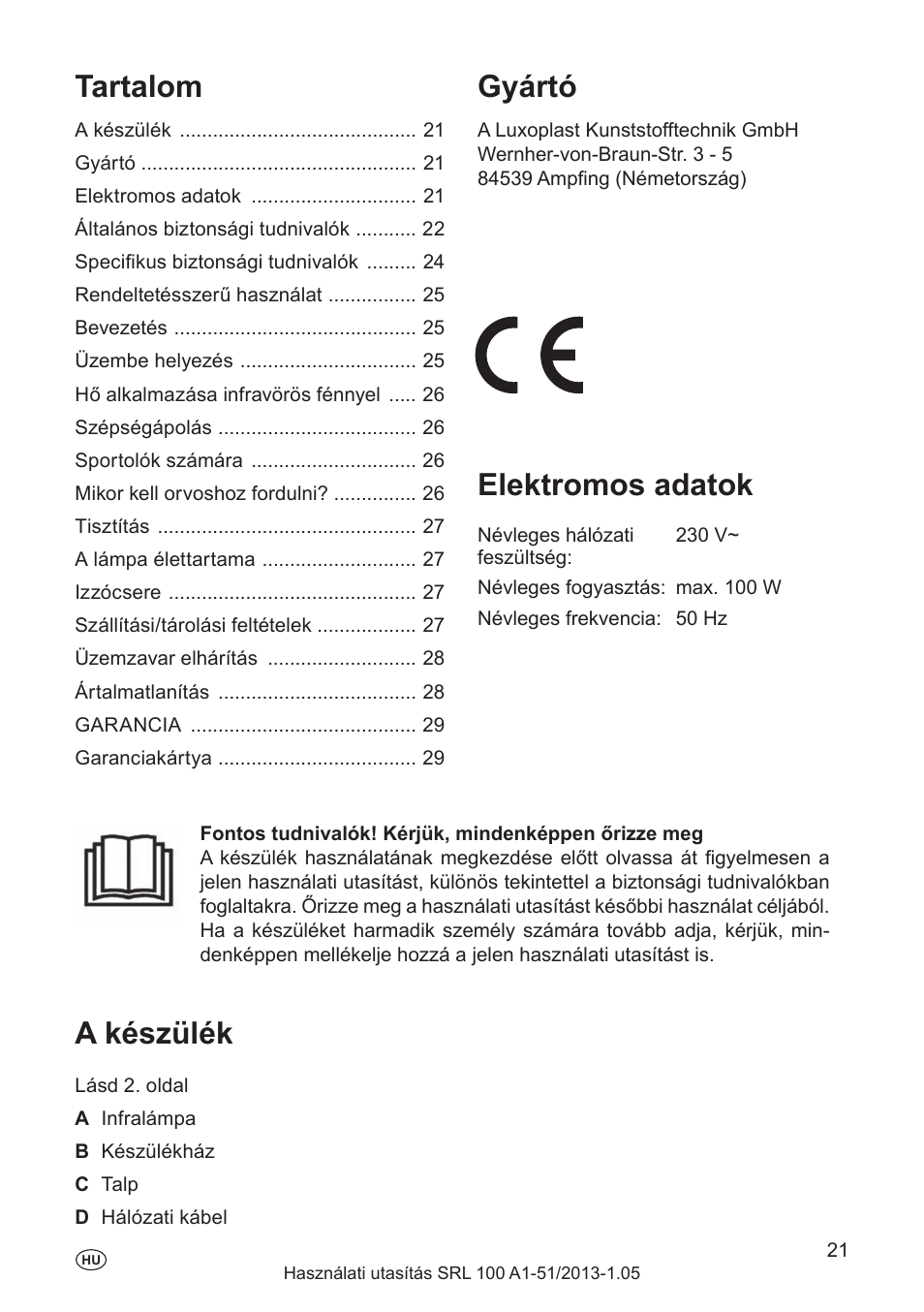 Gwarancja, Gyártó, Elektromos adatok | A készülék, Tartalom | Silvercrest SRL 100 A1 User Manual | Page 21 / 72