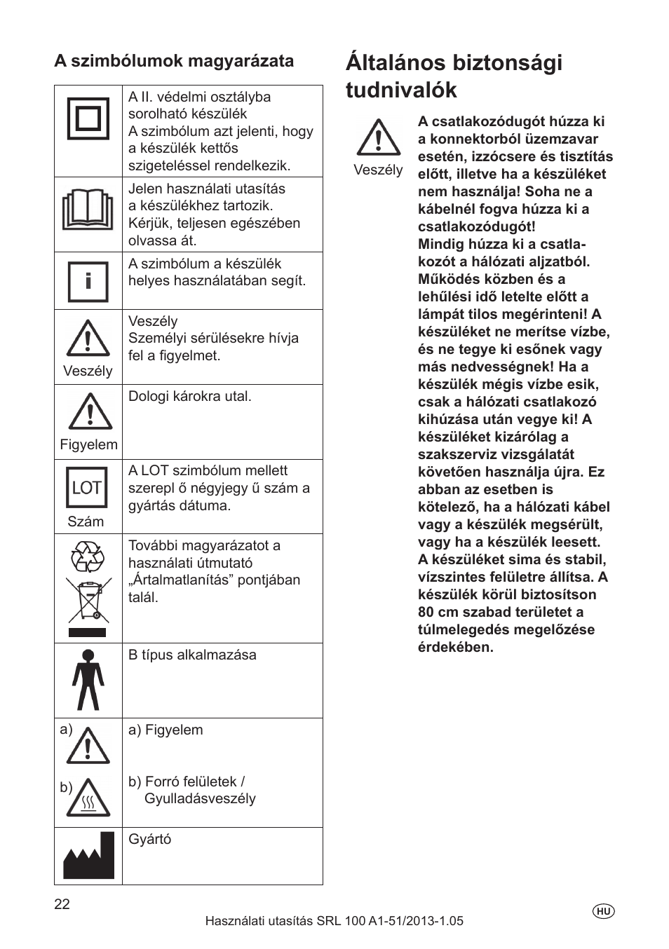 Általános biztonsági tudnivalók, A szimbólumok magyarázata | Silvercrest SRL 100 A1 User Manual | Page 22 / 72
