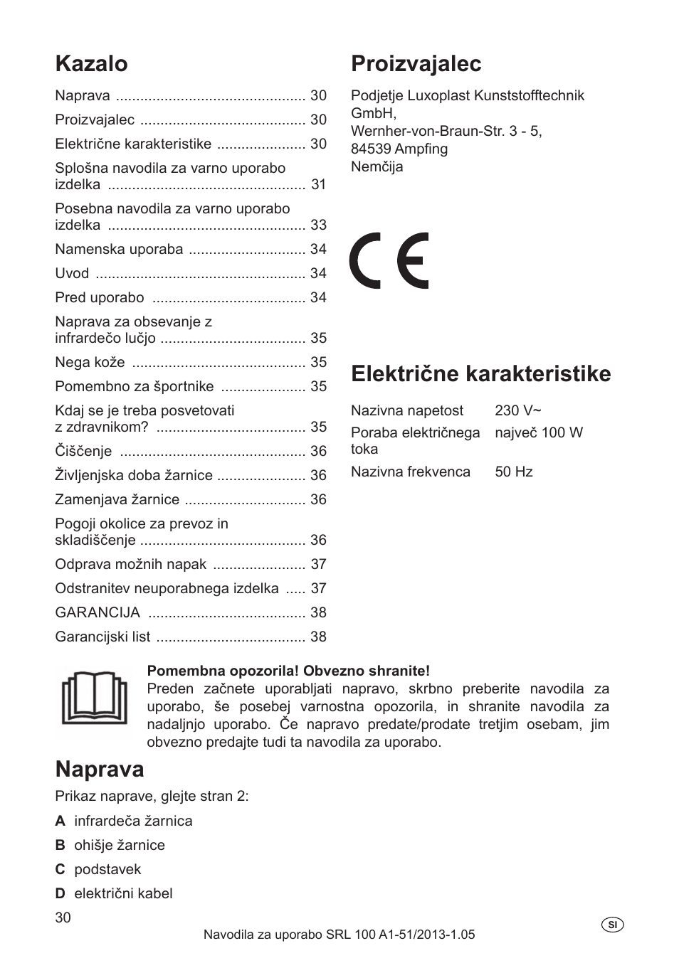 Proizvajalec, Električne karakteristike, Naprava | Kazalo, Splošna navodila za varno uporabo izdelka, Opis grafičnih simbolov | Silvercrest SRL 100 A1 User Manual | Page 30 / 72