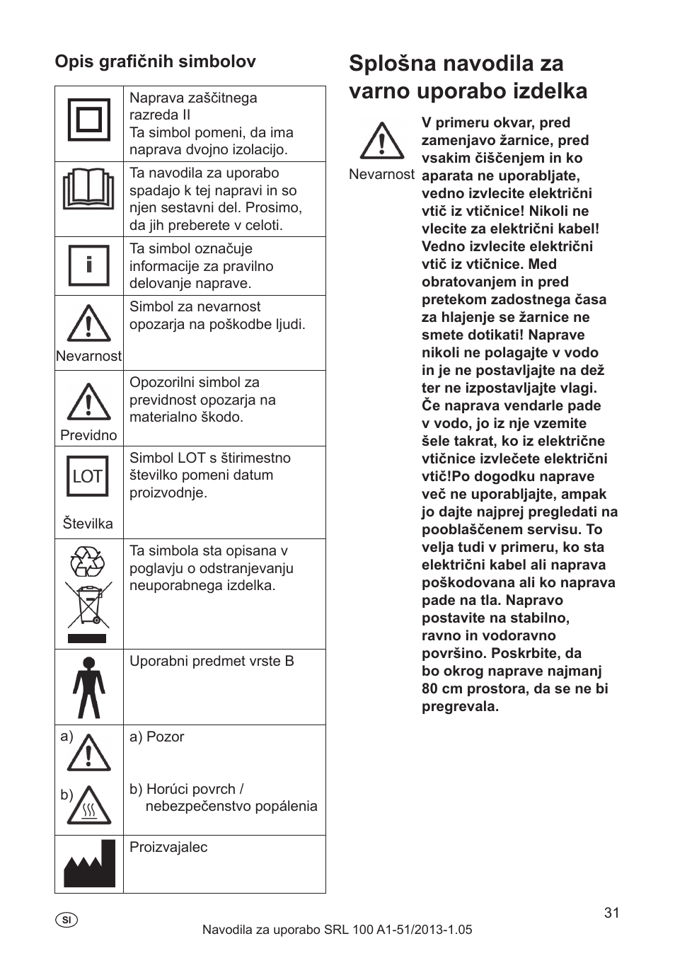 Proizvajalec, Električne karakteristike, Naprava | Splošna navodila za varno uporabo izdelka, Opis grafičnih simbolov | Silvercrest SRL 100 A1 User Manual | Page 31 / 72