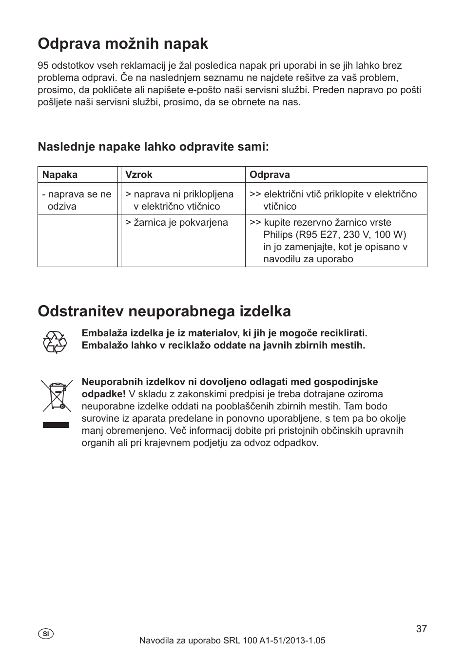 Čiščenje, Življenjska doba žarnice, Zamenjava žarnice | Pogoji okolice za prevoz in skladiščenje, Odprava možnih napak, Odstranitev neuporabnega izdelka, Naslednje napake lahko odpravite sami | Silvercrest SRL 100 A1 User Manual | Page 37 / 72