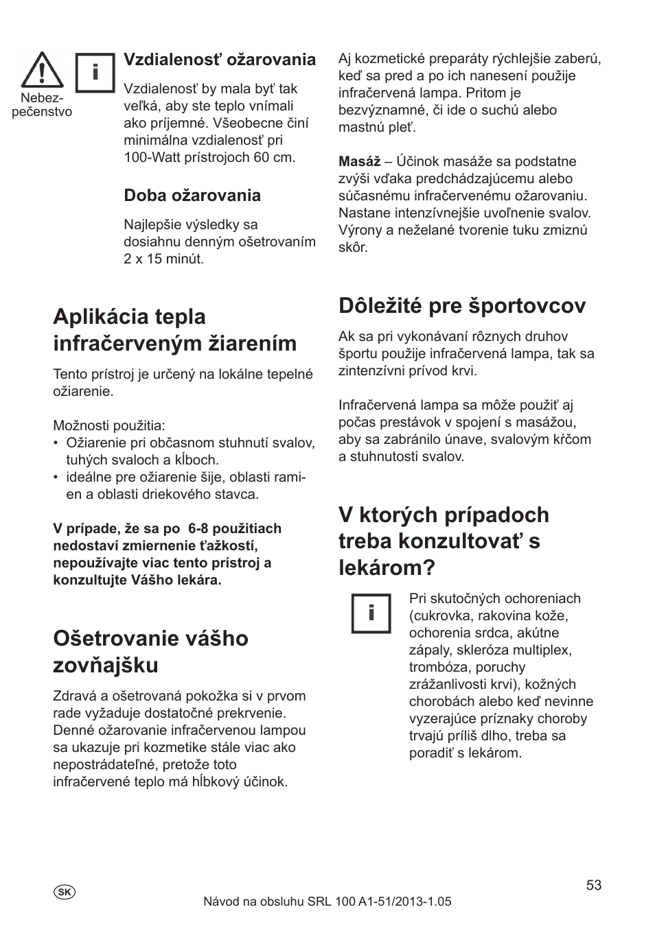 Používanie podľa určenia, Úvod, Uvedenie do prevádzky | Aplikácia tepla infračerveným žiarením, Ošetrovanie vášho zovňajšku, Dôležité pre športovcov, V ktorých prípadoch treba konzultovať s lekárom, Vzdialenosť ožarovania, Doba ožarovania | Silvercrest SRL 100 A1 User Manual | Page 53 / 72