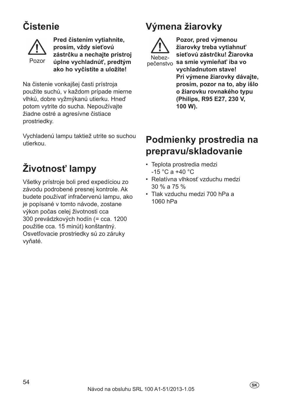 Čistenie, Životnosť lampy, Výmena žiarovky | Podmienky prostredia na prepravu/skladovanie | Silvercrest SRL 100 A1 User Manual | Page 54 / 72