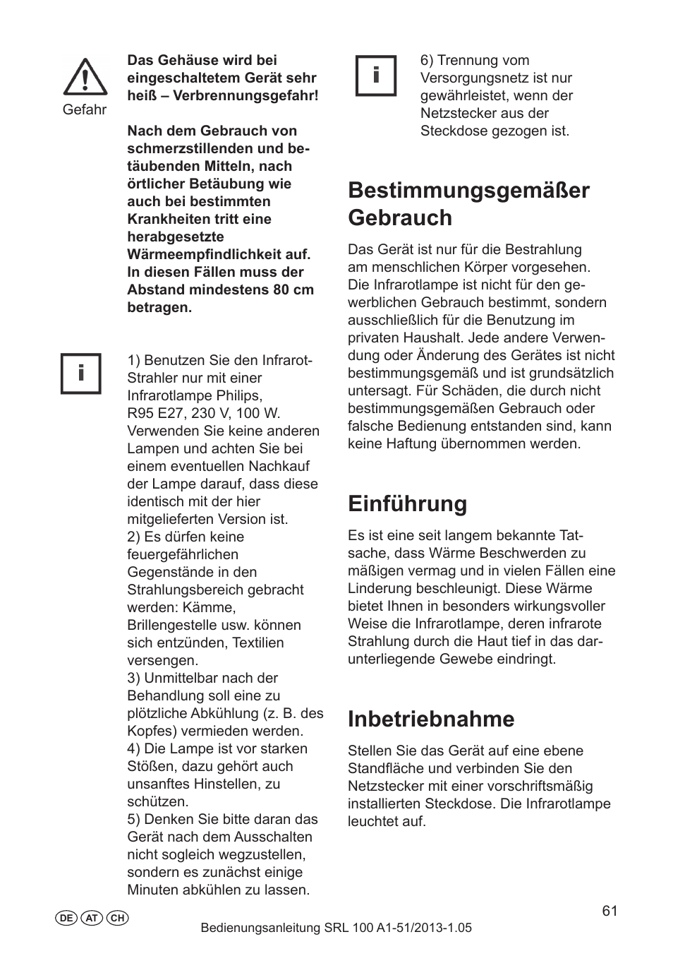 Bestimmungsgemäßer gebrauch, Einführung, Inbetriebnahme | Besondere sicherheitshinweise, Bei der benutzung von infrarotstrahlern | Silvercrest SRL 100 A1 User Manual | Page 61 / 72